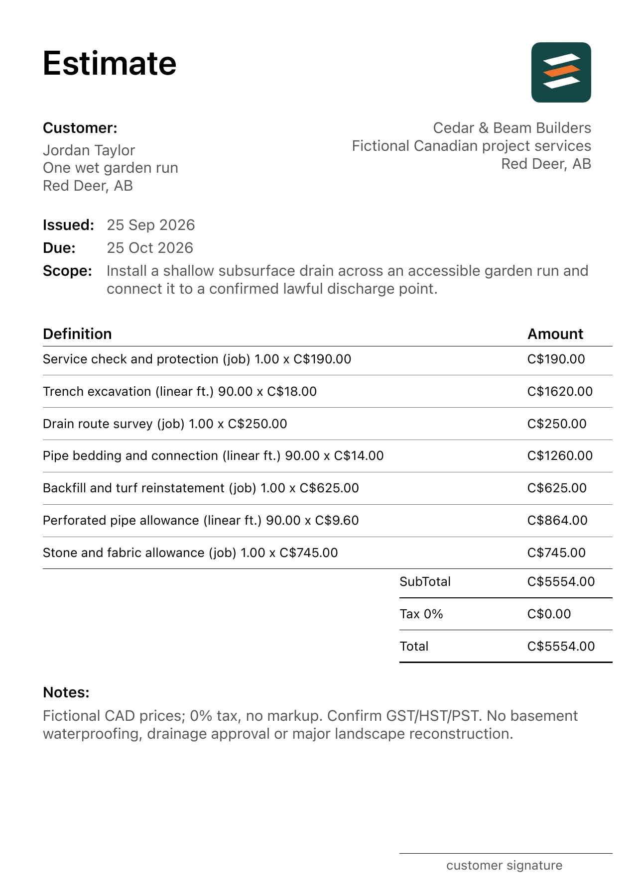First page of the fictional Red Deer, Alberta subsurface garden drain installation PDF estimate