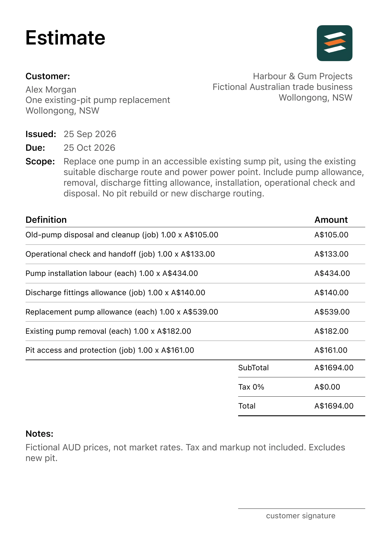 First page of the sump pump replacement estimate PDF