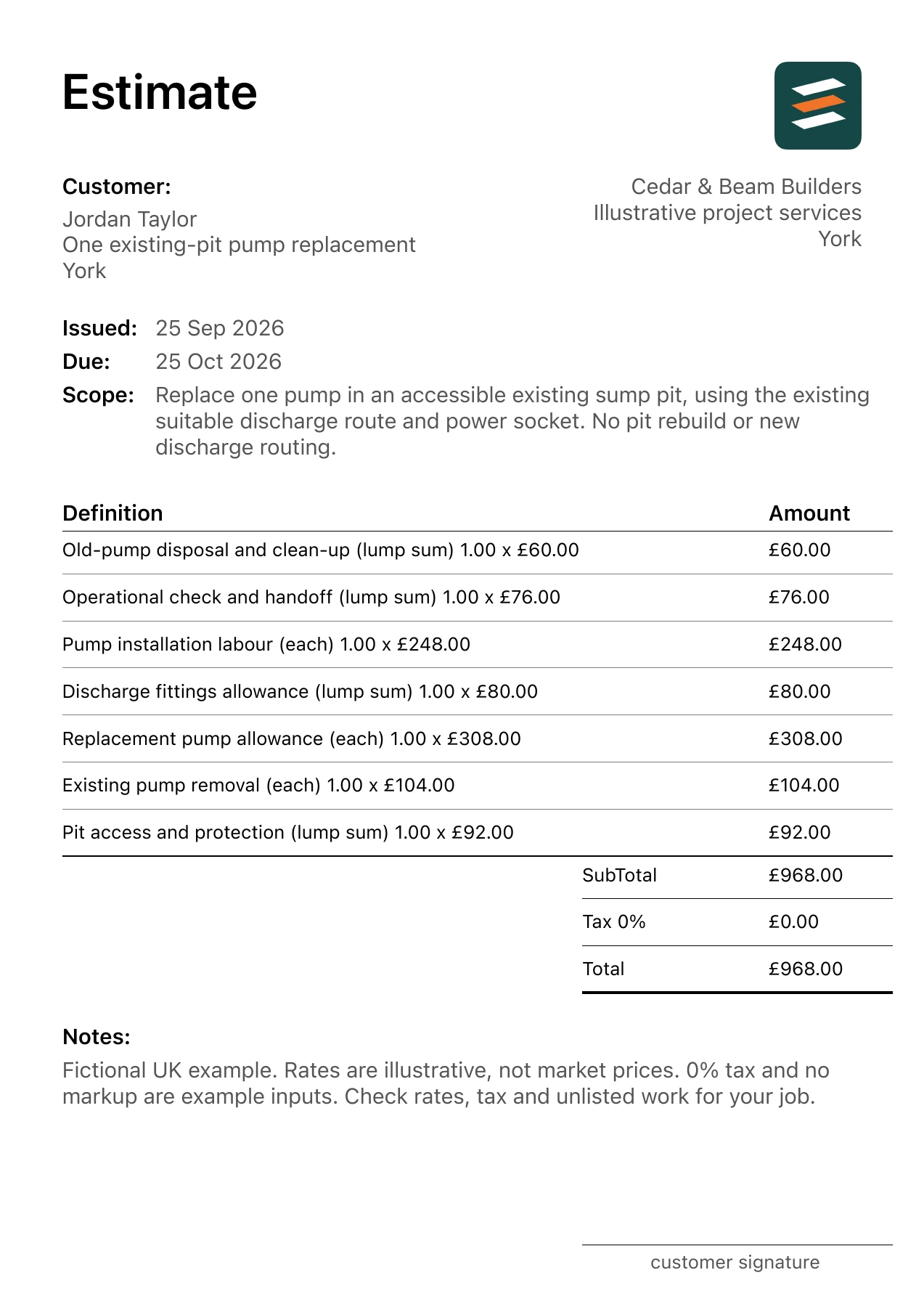 First page of the sump pump replacement estimate PDF for a fictional York job