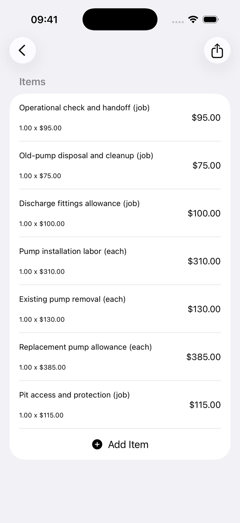 Sump pump replacement line items in the Estimates cost editor