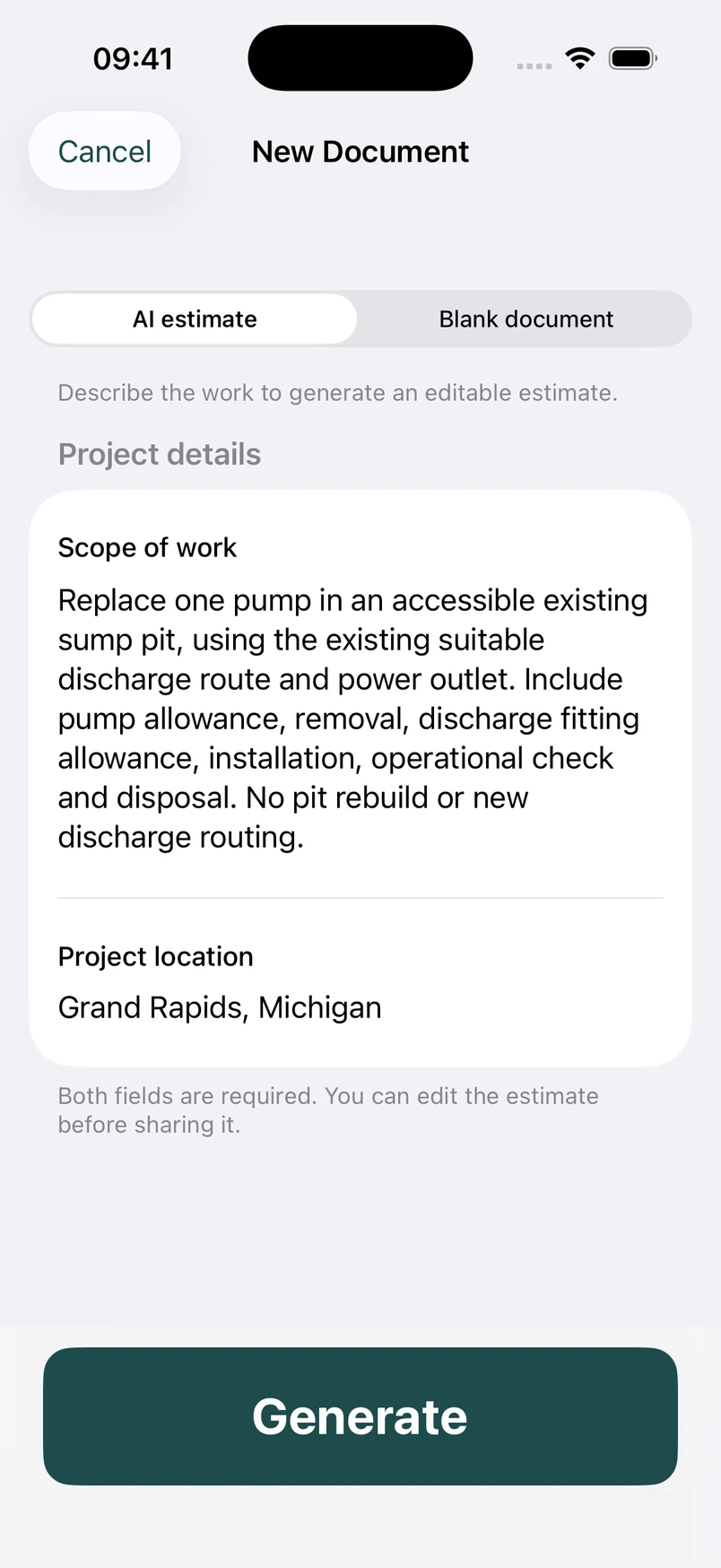 Sump pump replacement scope in the New Document screen