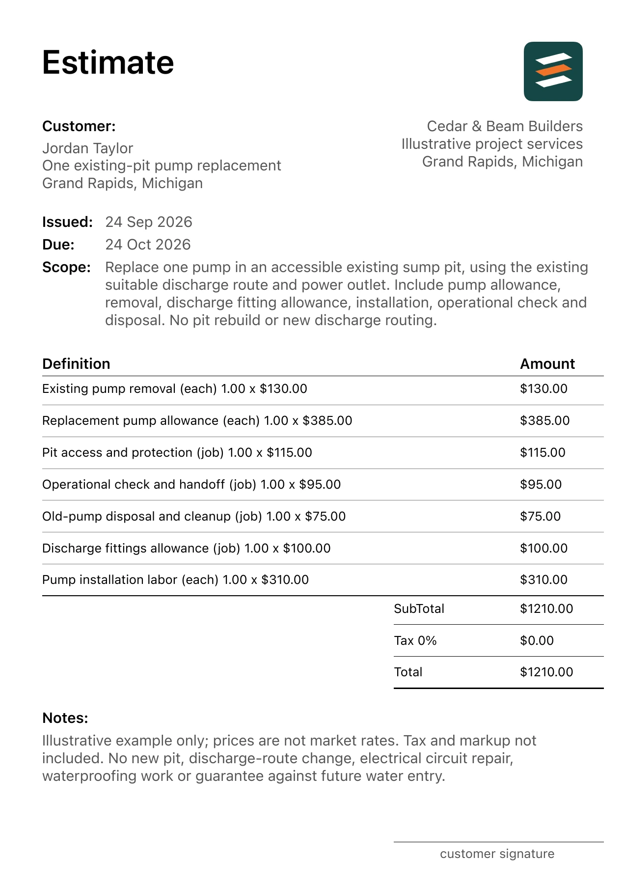 First page of the sump pump replacement estimate PDF