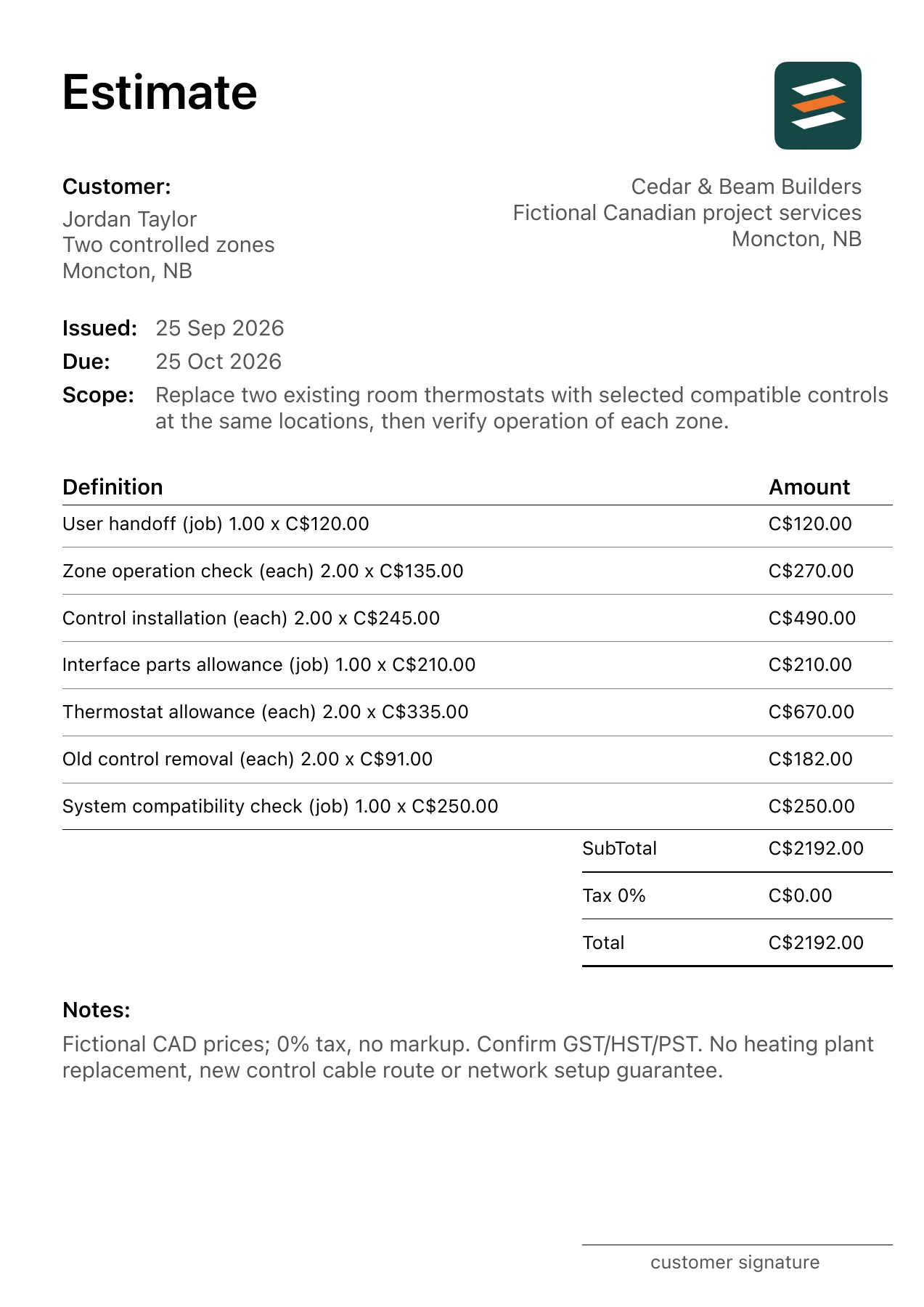 First page of the fictional Moncton, New Brunswick heating thermostat replacement PDF estimate