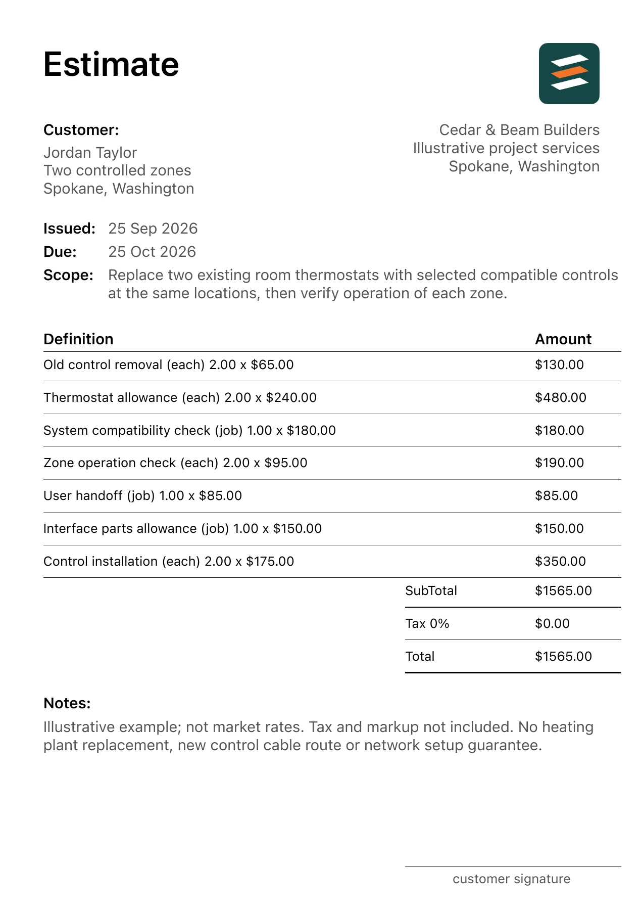 First page of the fictional heating thermostat replacement estimate PDF