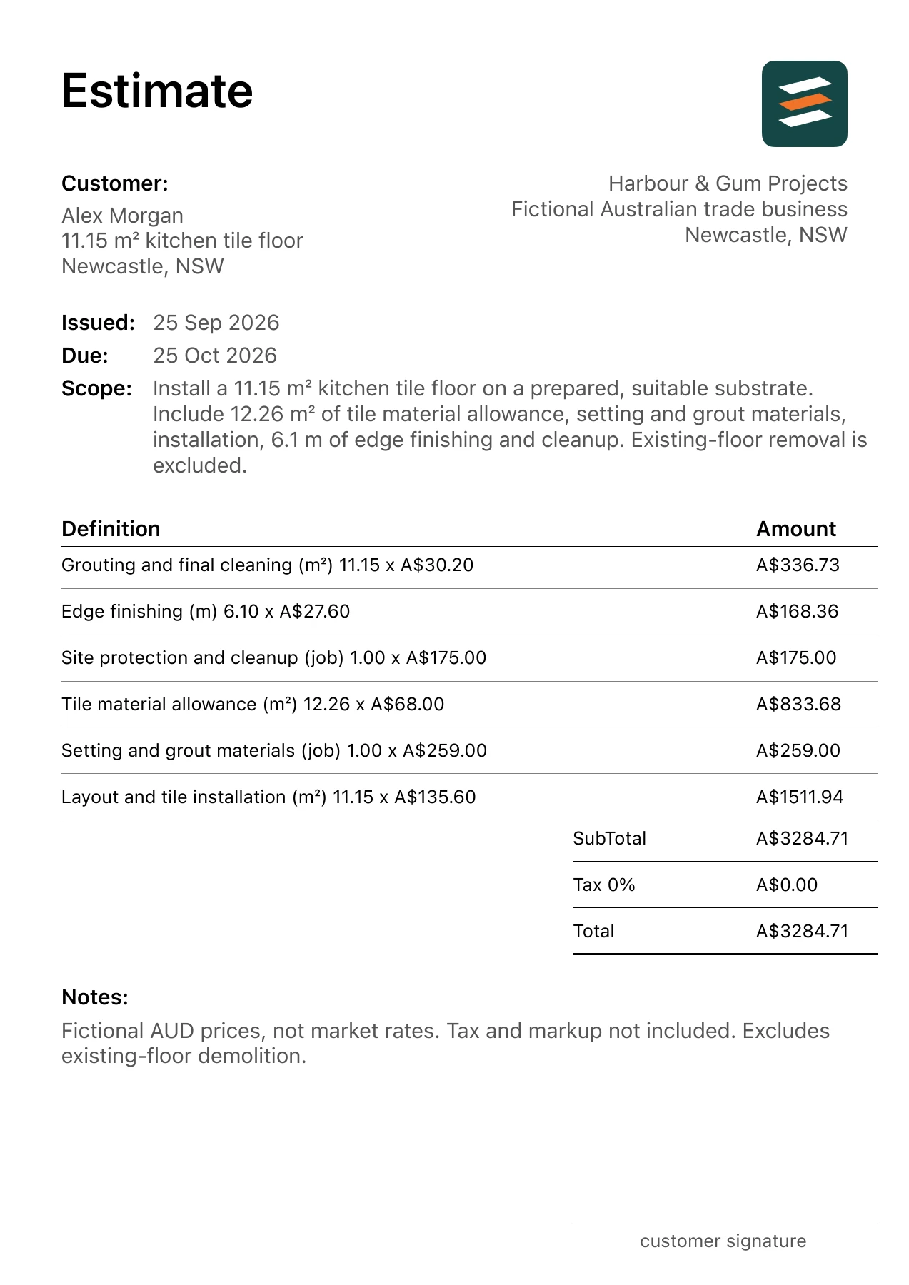 First page of the tile flooring estimate PDF