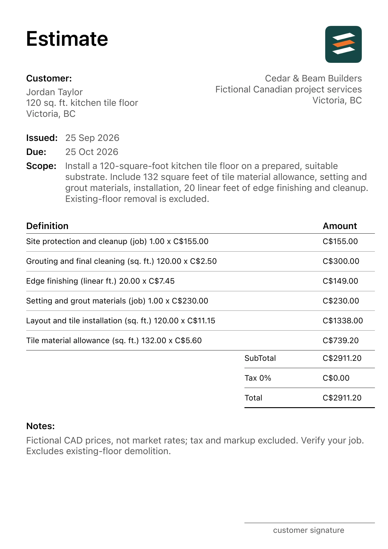 First page of the Victoria, British Columbia tile flooring estimate in Canadian dollars