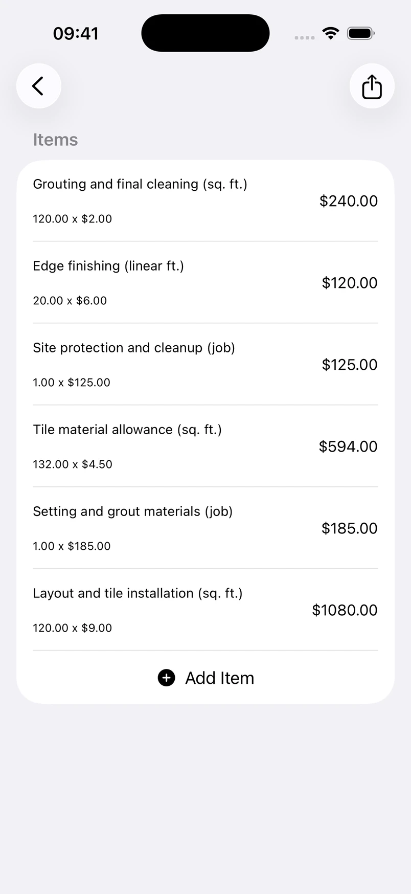 Tile flooring line items in the Estimates cost editor