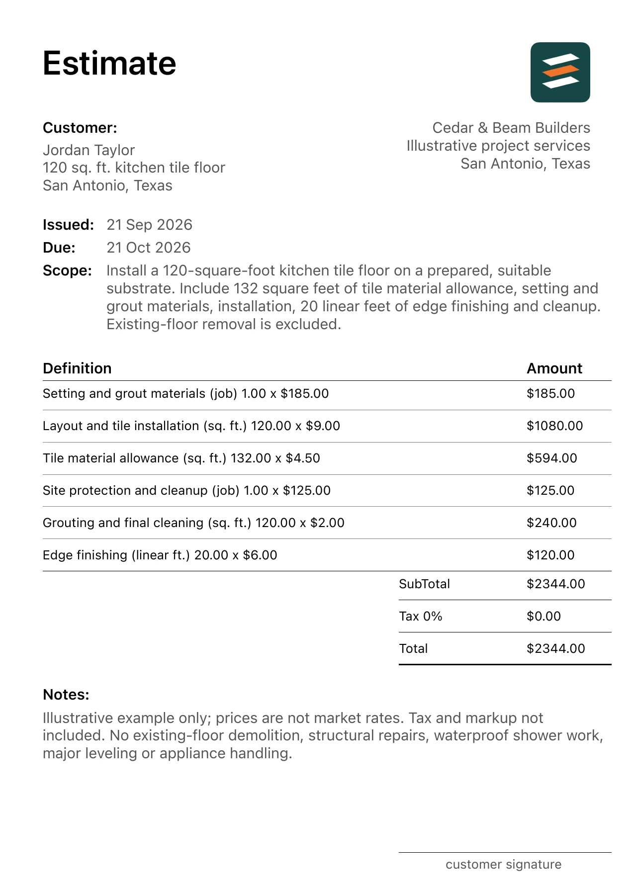 First page of the tile flooring estimate PDF