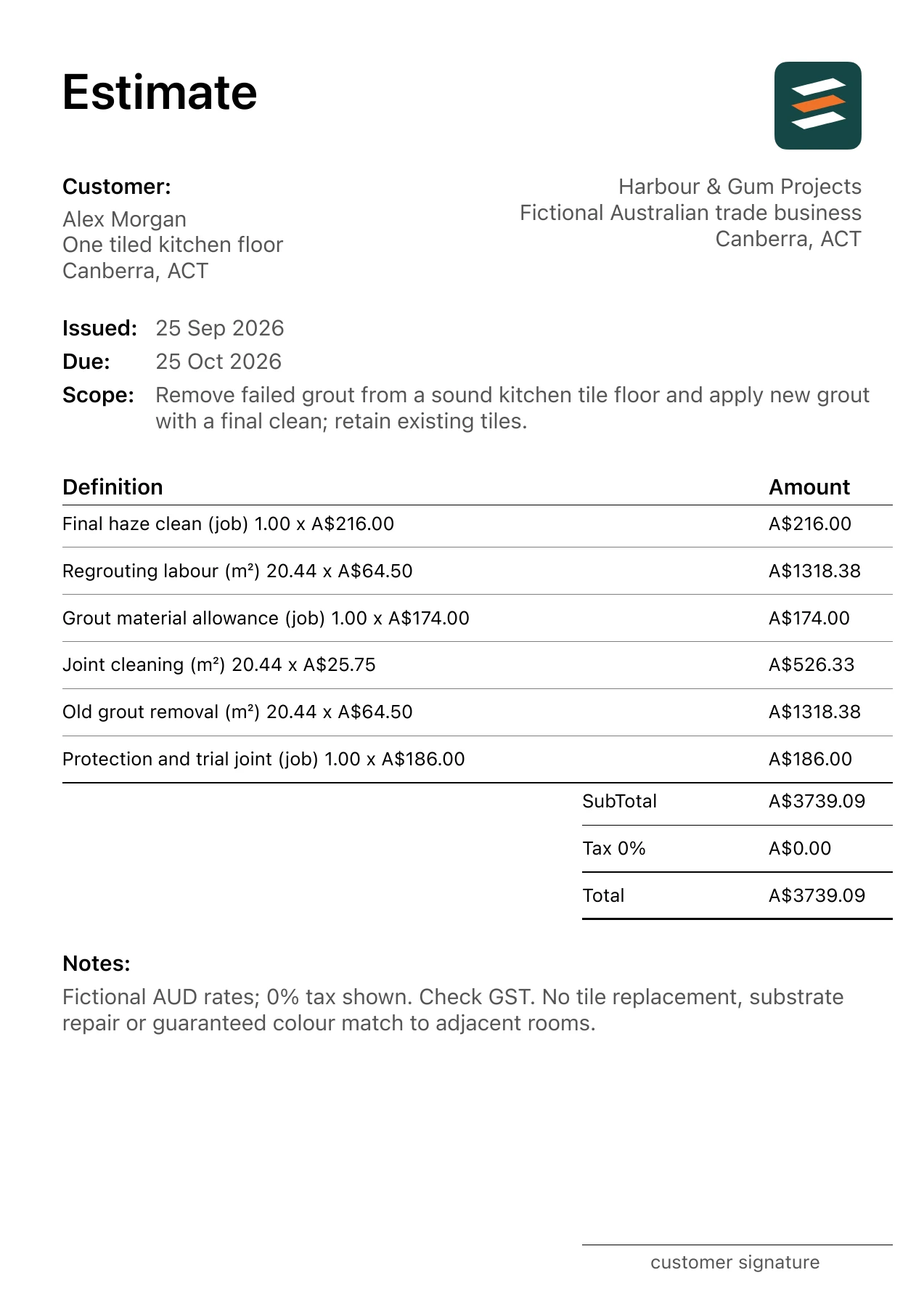 First page of the fictional Canberra, Australian Capital Territory floor tile grout replacement estimate PDF