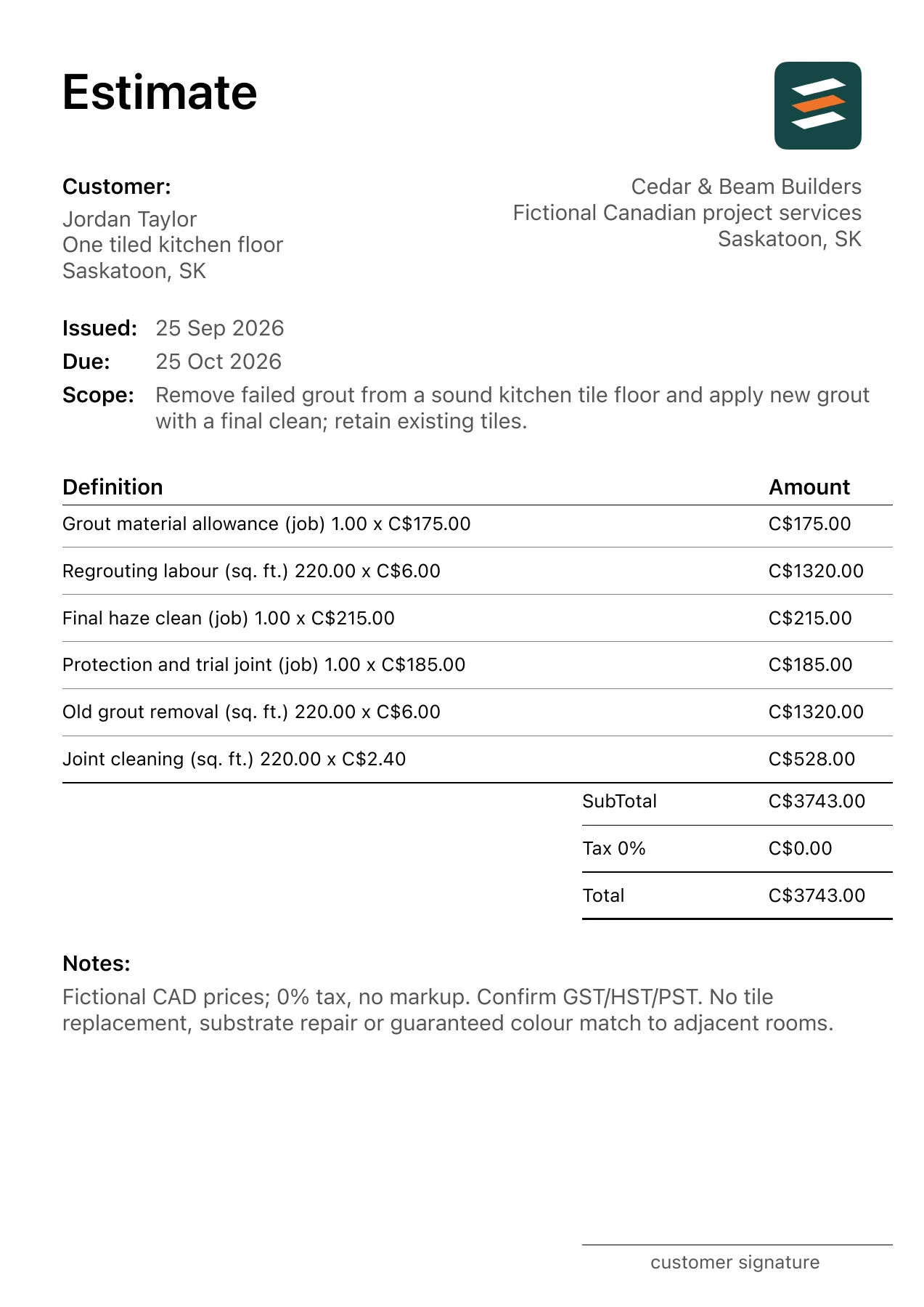 First page of the fictional Saskatoon, Saskatchewan floor tile grout replacement PDF estimate