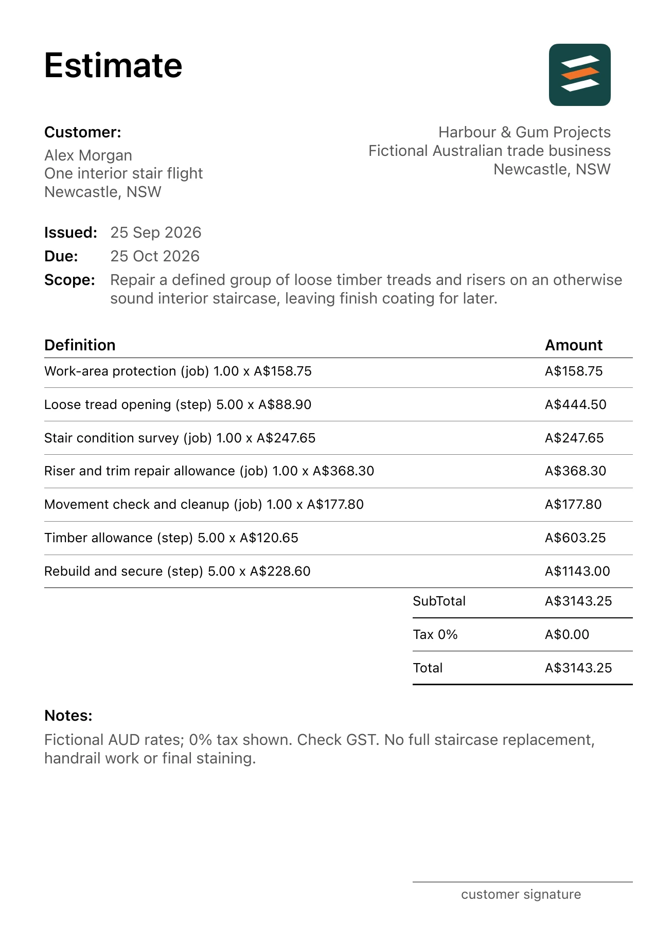 First page of the fictional Newcastle, New South Wales local timber staircase repair estimate PDF