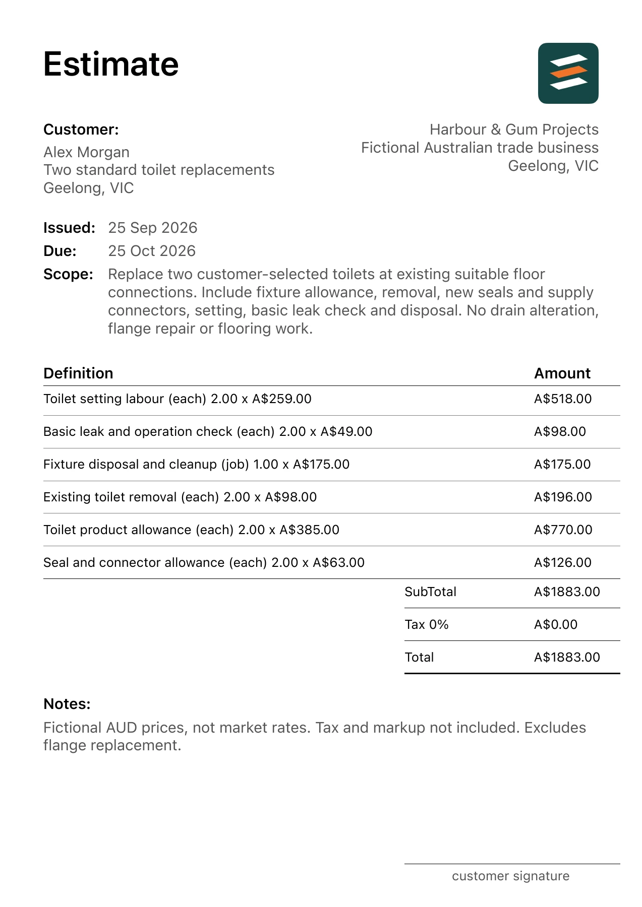 First page of the toilet replacement estimate PDF