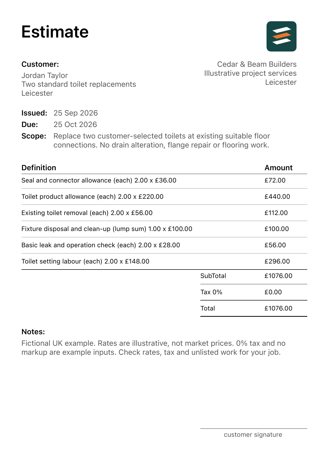 First page of the toilet replacement estimate PDF for a fictional Leicester job