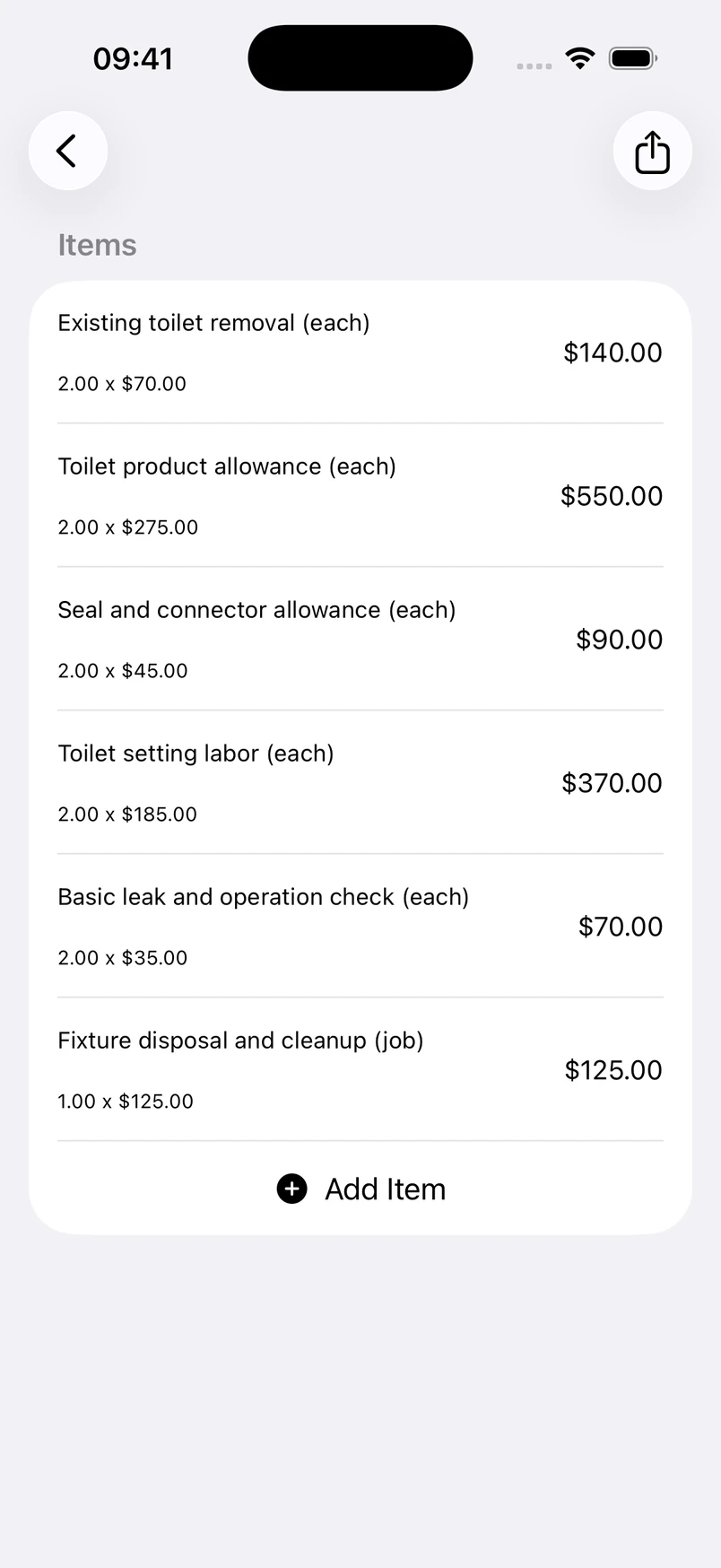 Toilet replacement line items in the Estimates cost editor