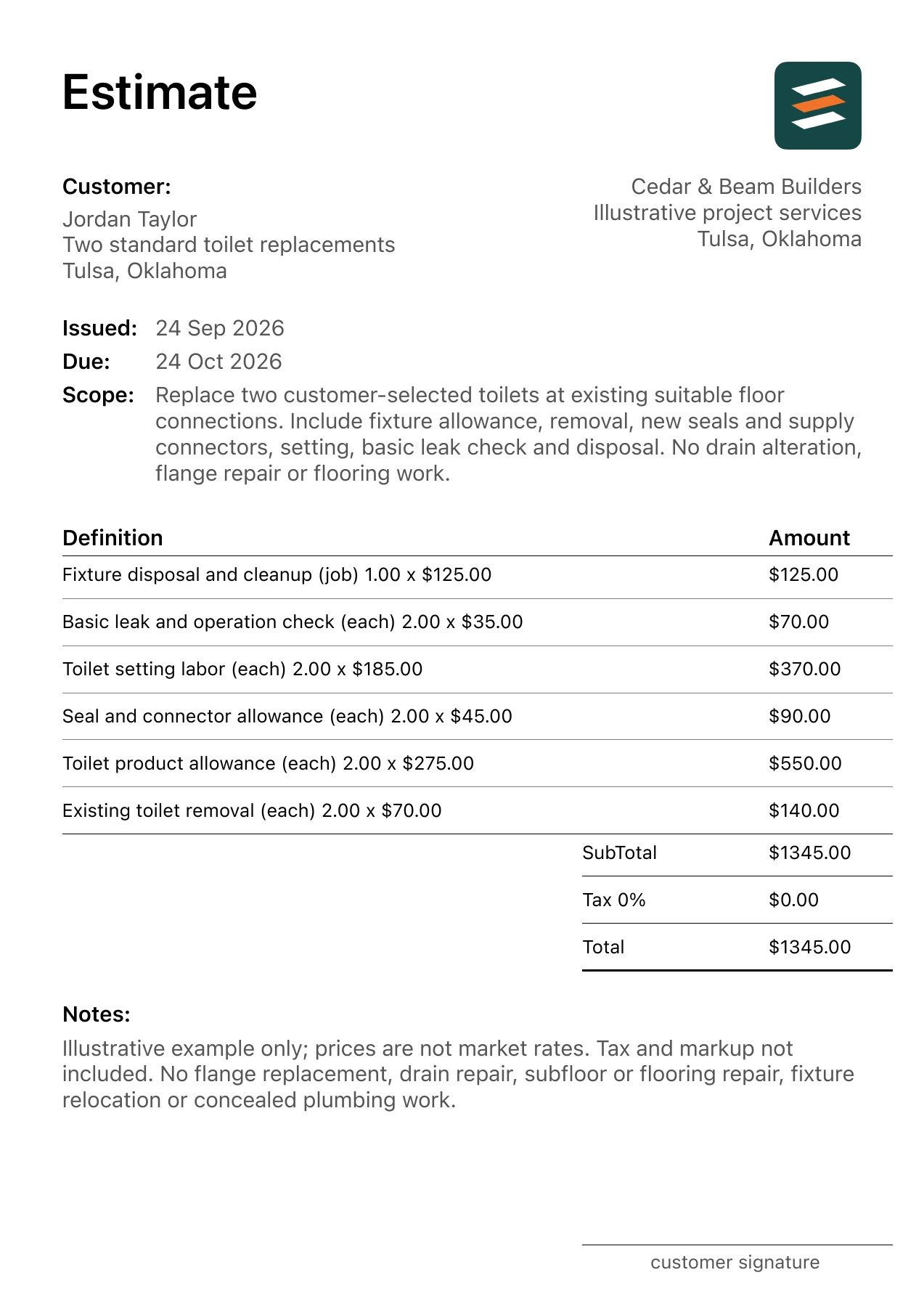 First page of the toilet replacement estimate PDF