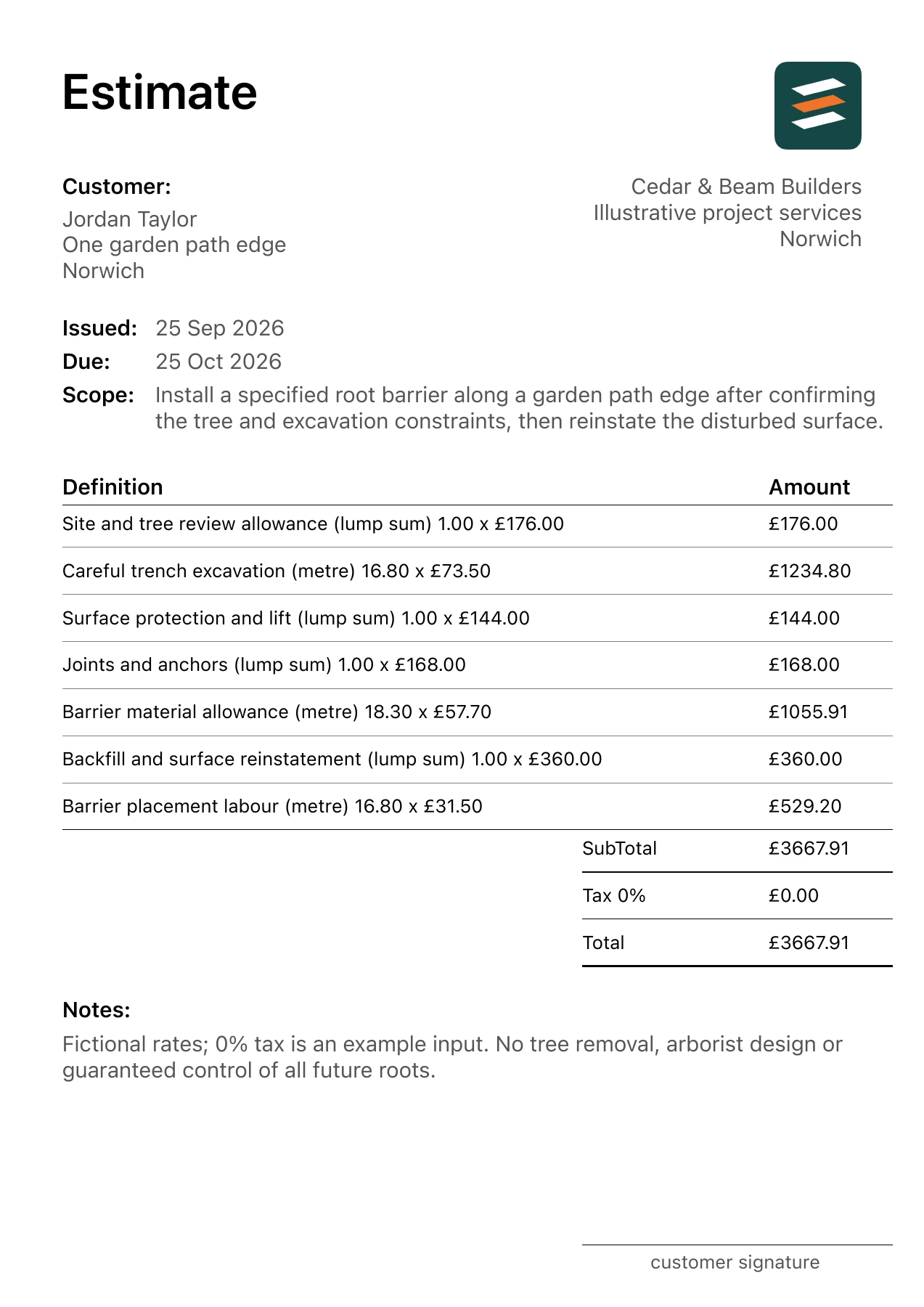 First page of the fictional tree root barrier installation estimate PDF