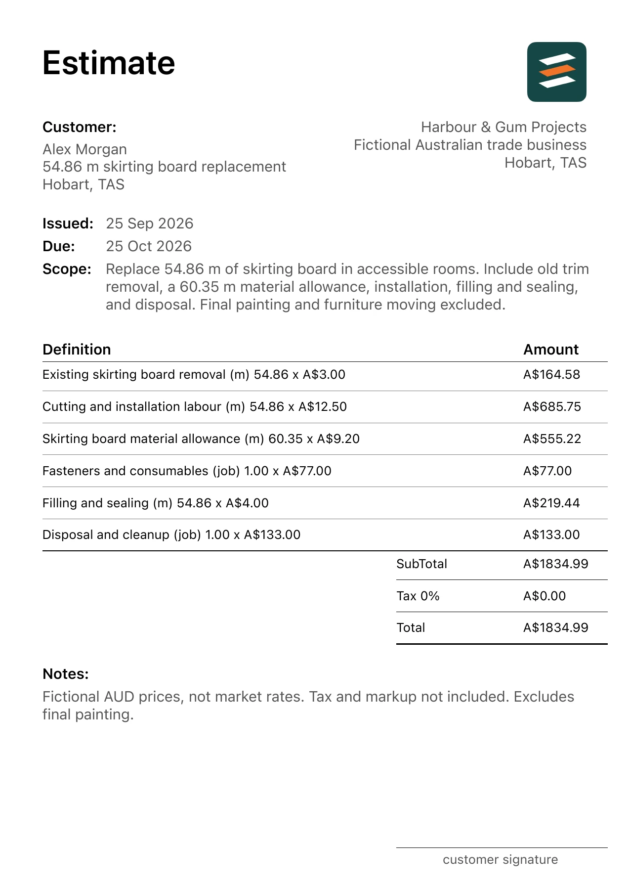 First page of the skirting board and trim estimate PDF