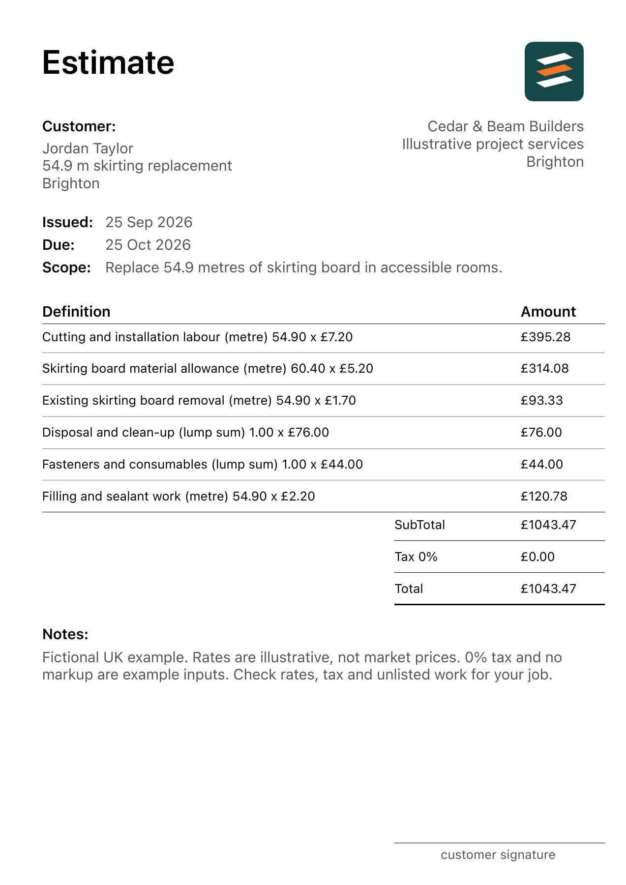 First page of the skirting board installation estimate PDF for a fictional Brighton job