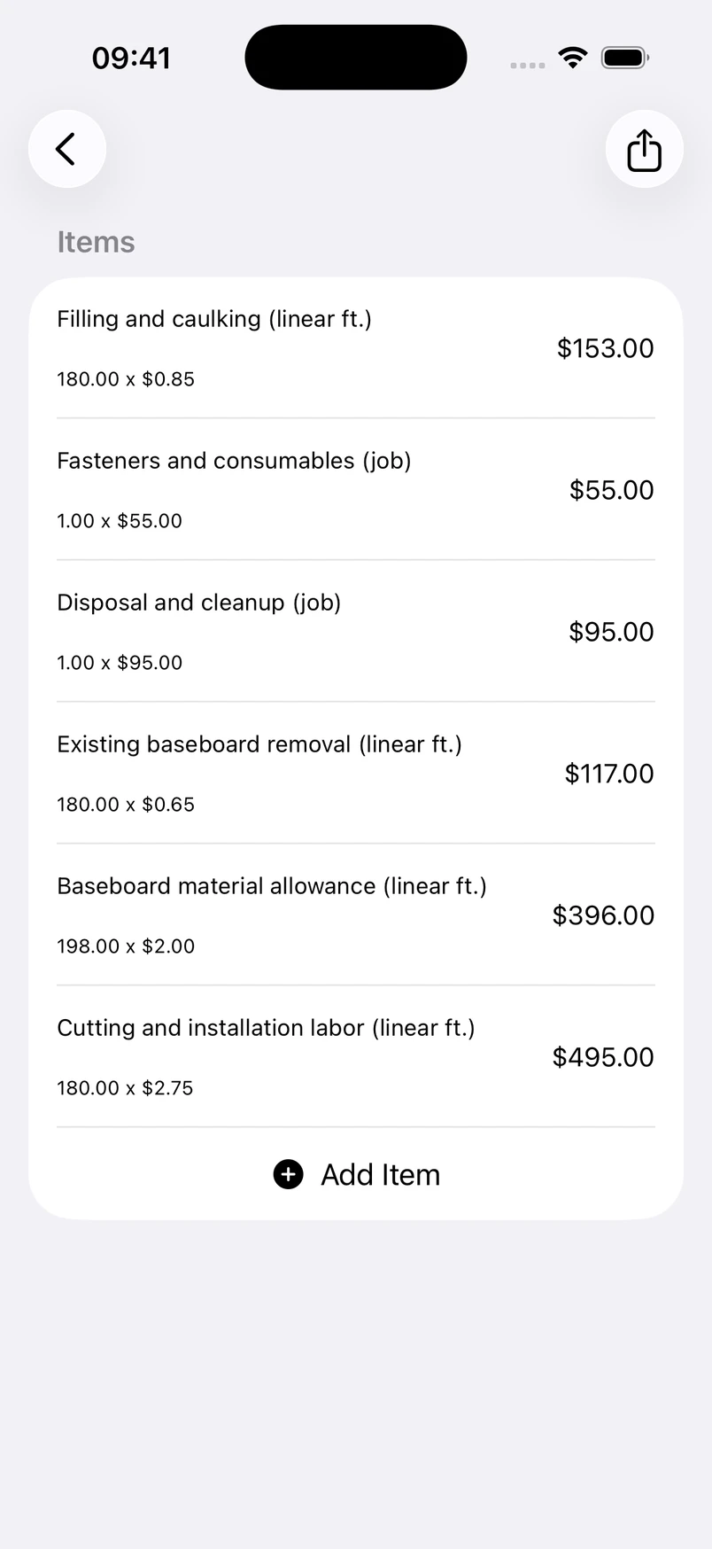 Baseboard and trim line items in the Estimates cost editor