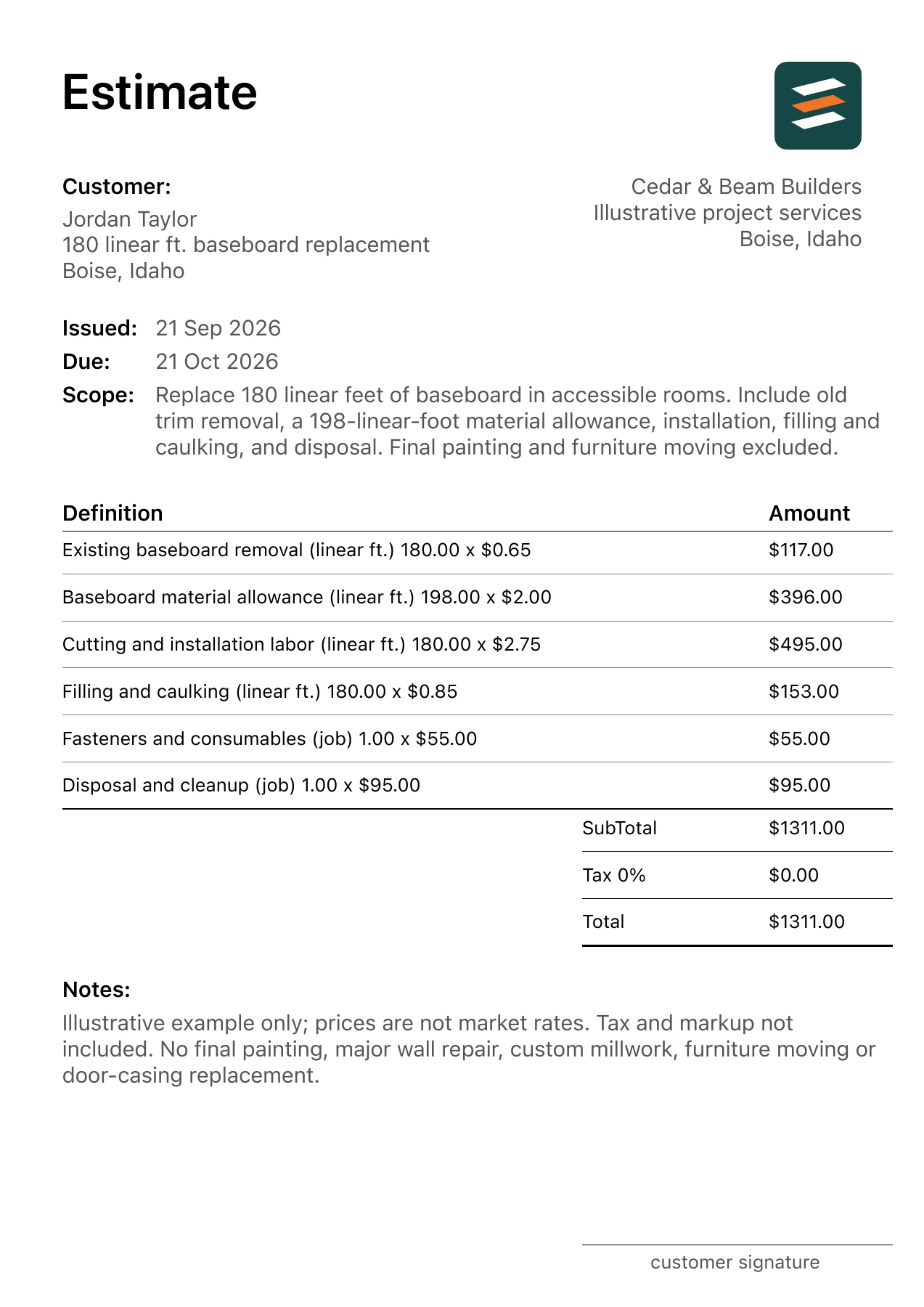 First page of the baseboard and trim estimate PDF