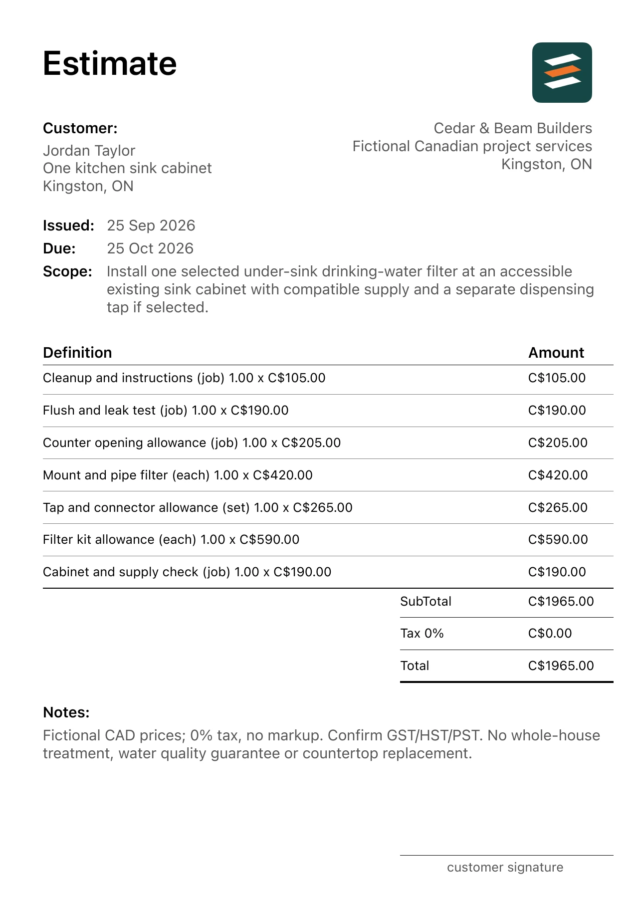First page of the fictional Kingston, Ontario under-sink water filter installation PDF estimate