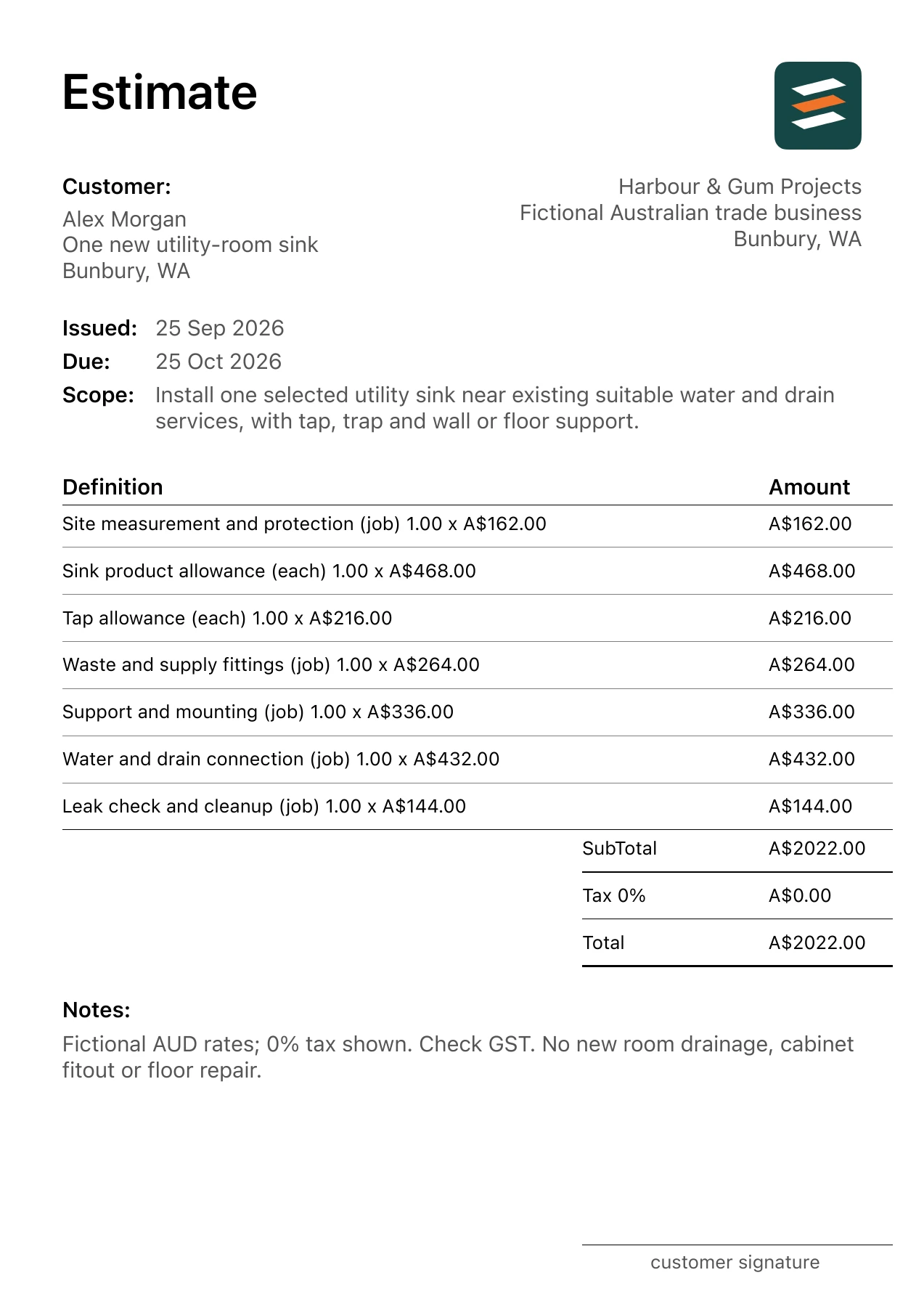 First page of the fictional Bunbury, Western Australia laundry bath installation estimate PDF