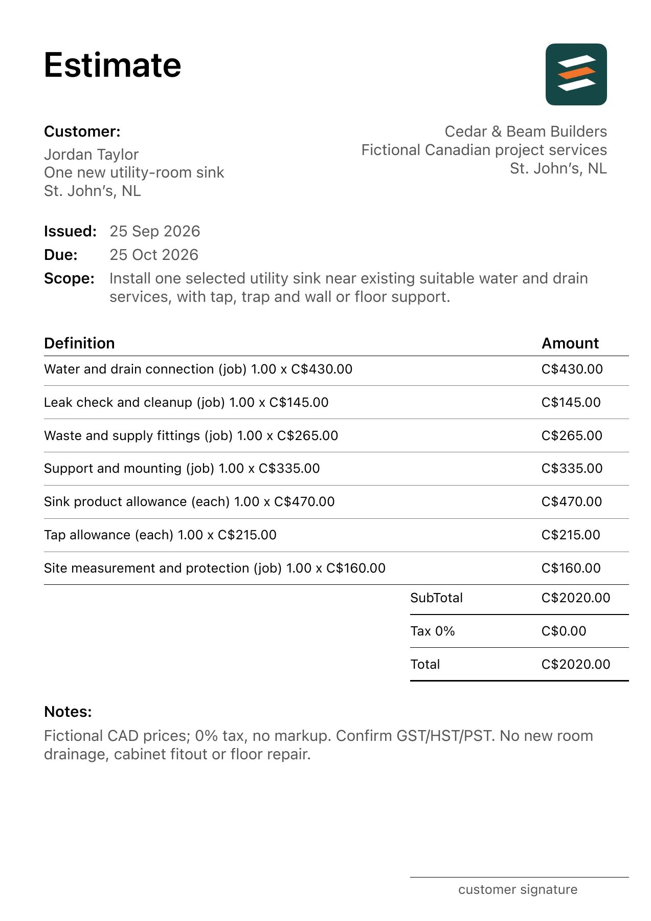 First page of the fictional St. John’s, Newfoundland and Labrador utility sink installation PDF estimate