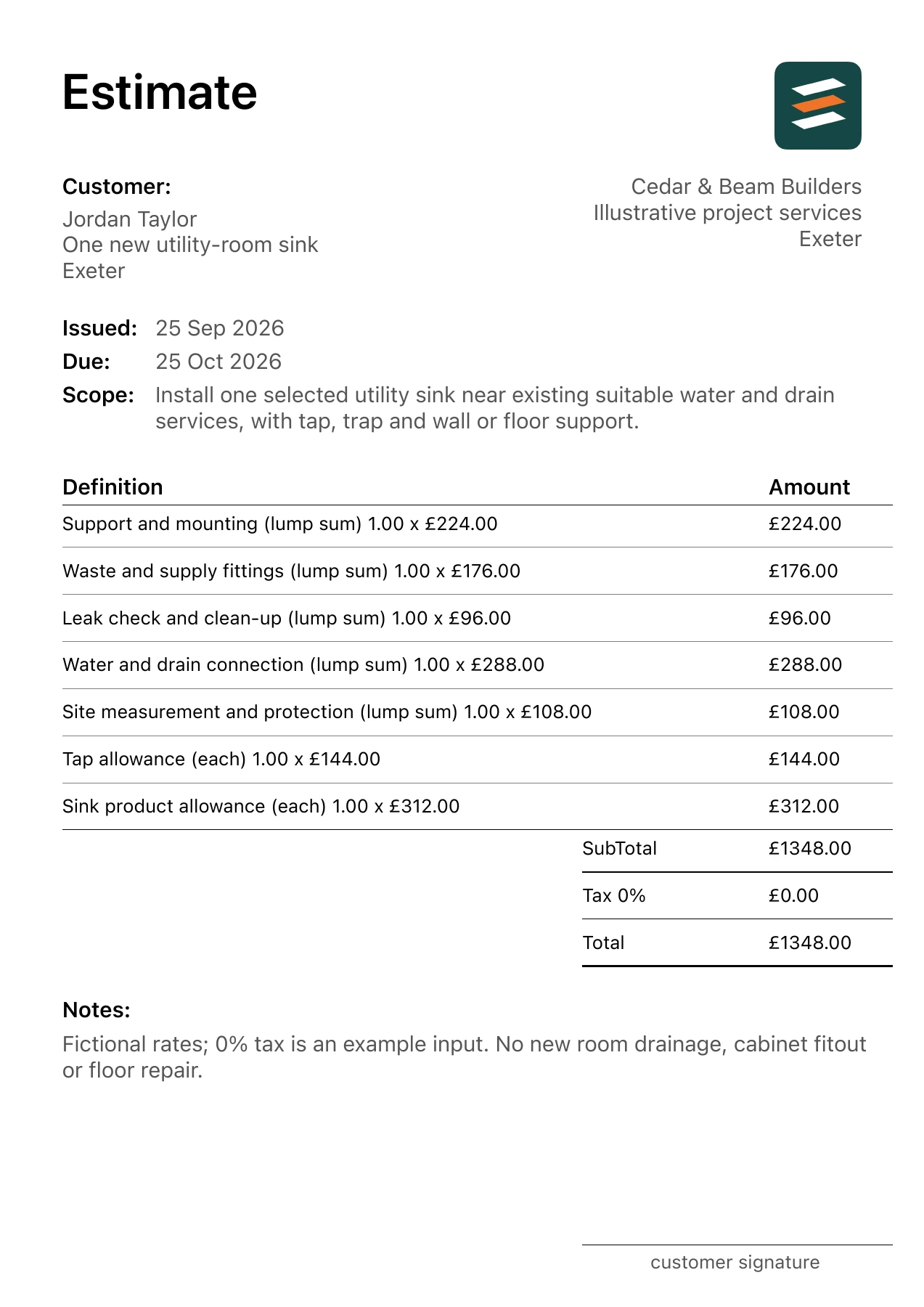 First page of the fictional utility sink installation estimate PDF