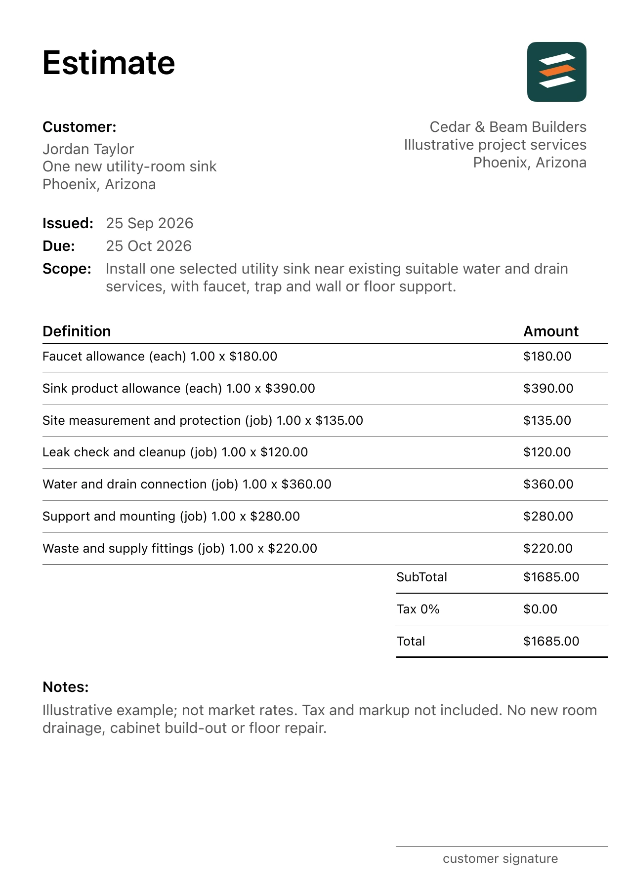 First page of the fictional utility sink installation estimate PDF
