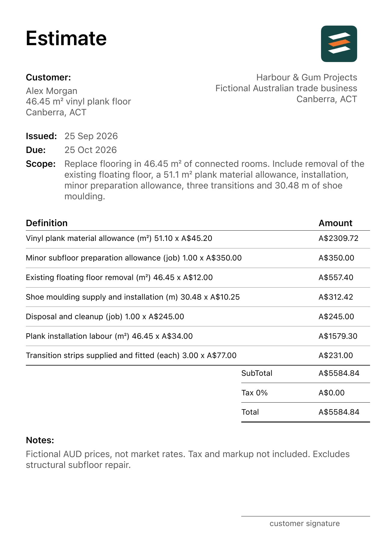 First page of the vinyl plank flooring estimate PDF
