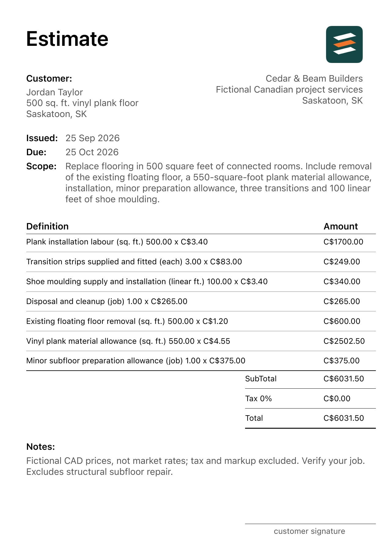 First page of the Saskatoon, Saskatchewan vinyl plank flooring estimate in Canadian dollars