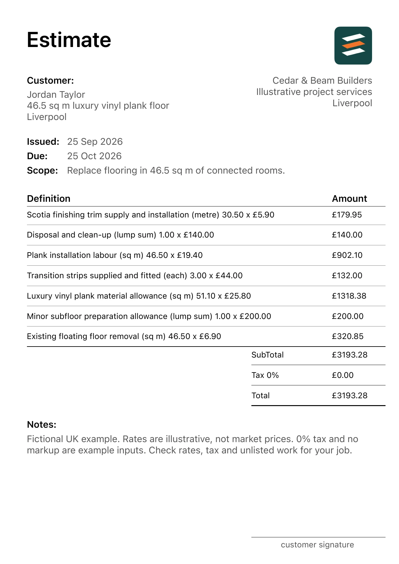 First page of the luxury vinyl plank flooring estimate PDF for a fictional Liverpool job