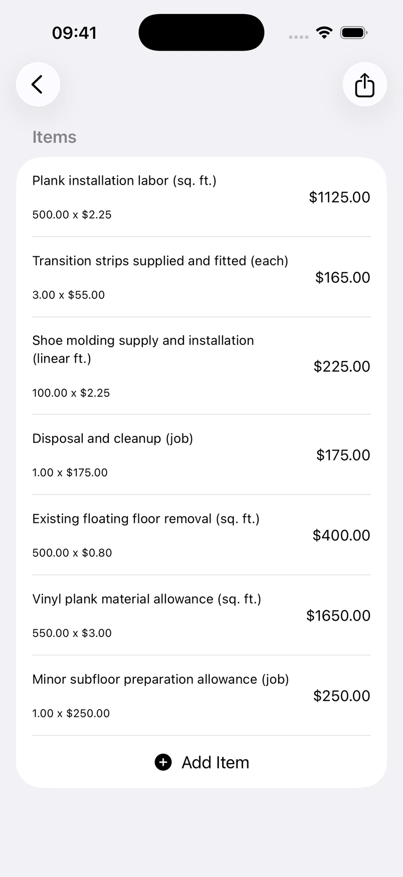 Vinyl plank flooring line items in the Estimates cost editor