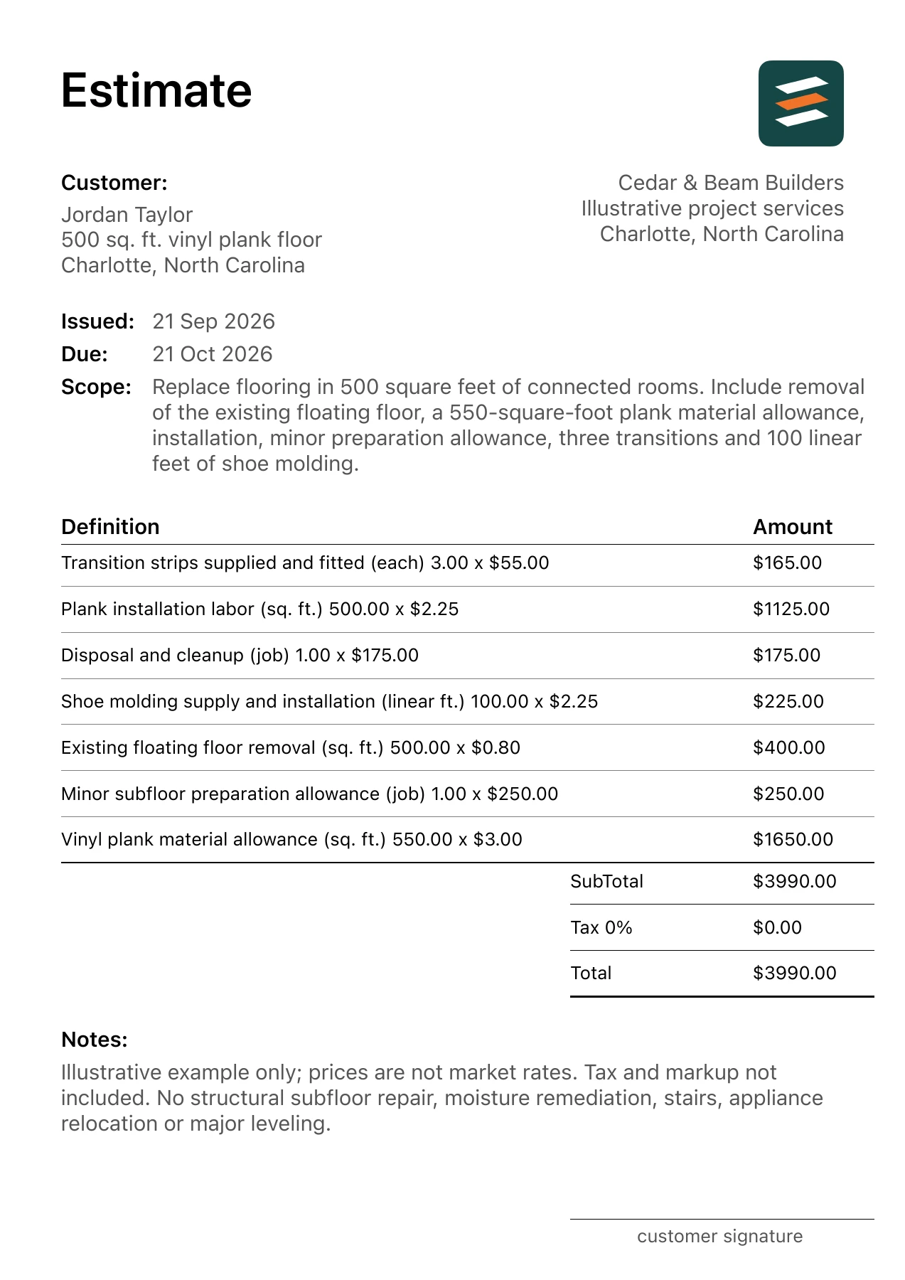 First page of the vinyl plank flooring estimate PDF