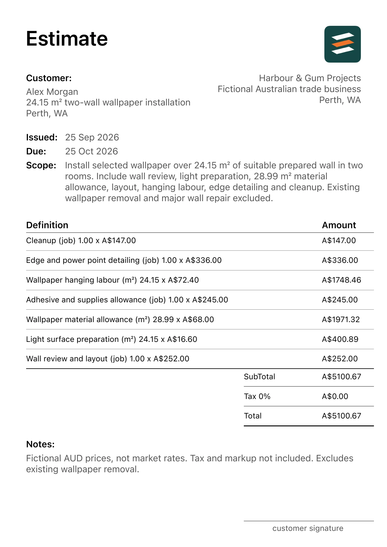 First page of the wallpaper installation estimate PDF