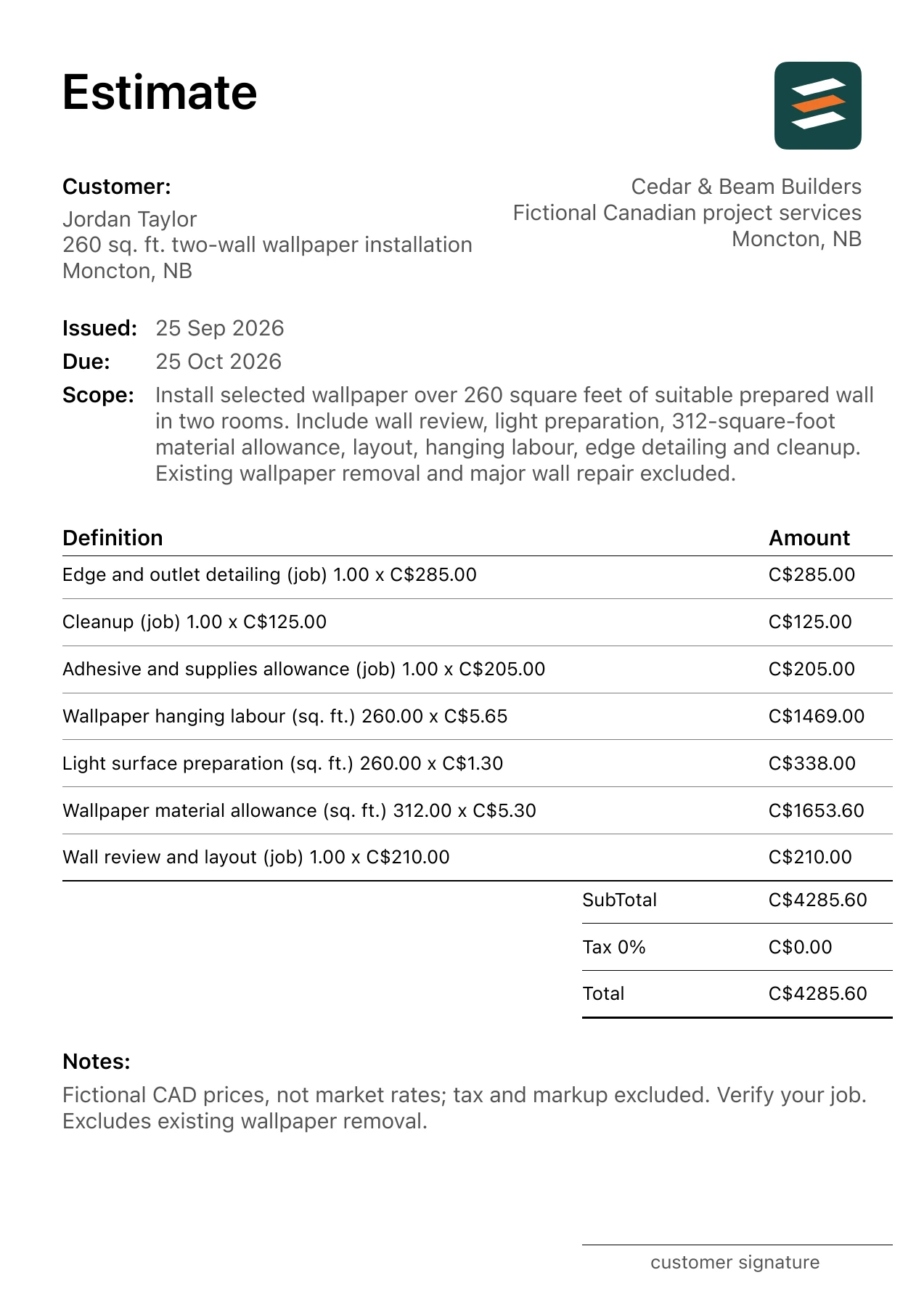 First page of the Moncton, New Brunswick wallpaper installation estimate in Canadian dollars