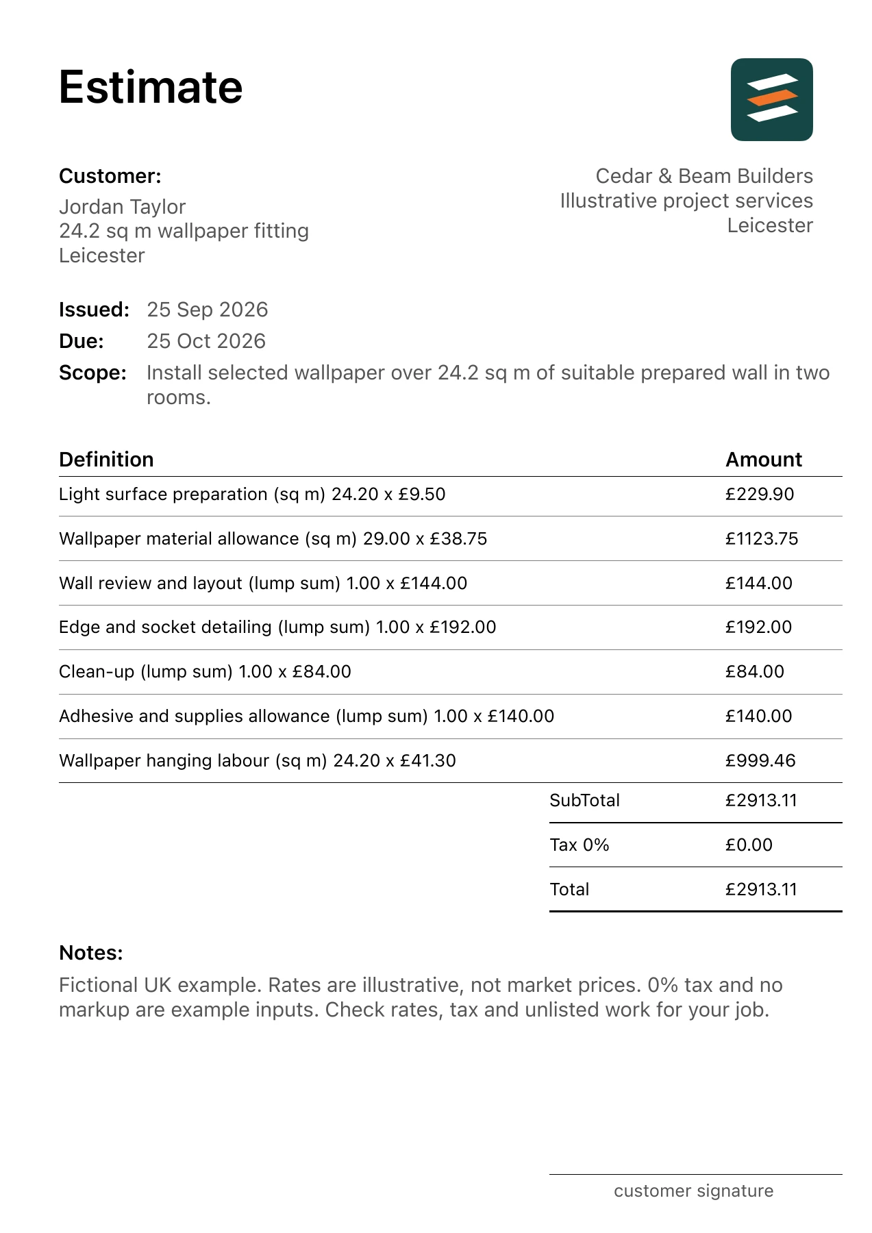 First page of the wallpaper installation estimate PDF for a fictional Leicester job