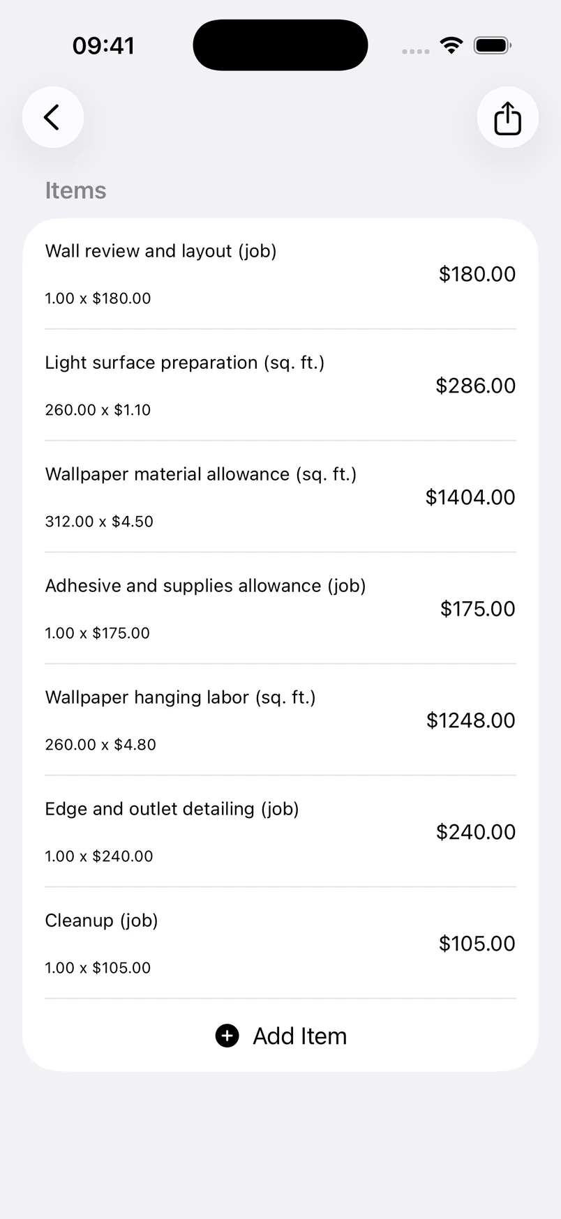 Wallpaper installation line items in the Estimates cost editor