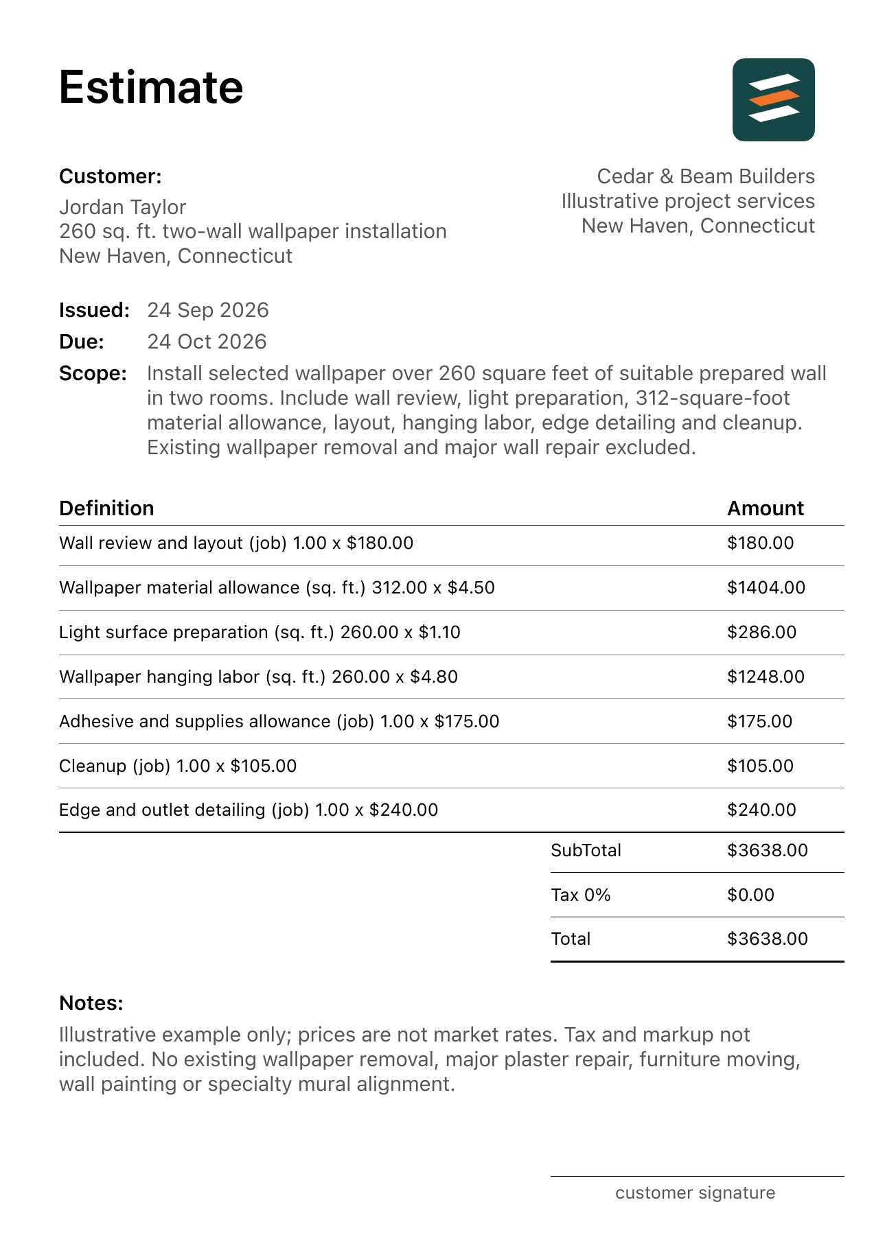 First page of the wallpaper installation estimate PDF