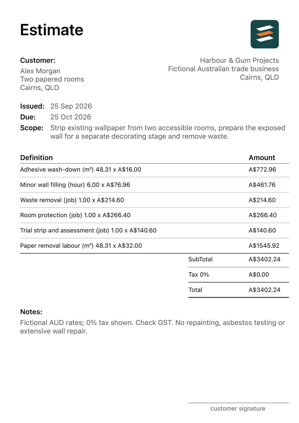 First page of the fictional Cairns, Queensland wallpaper removal estimate PDF