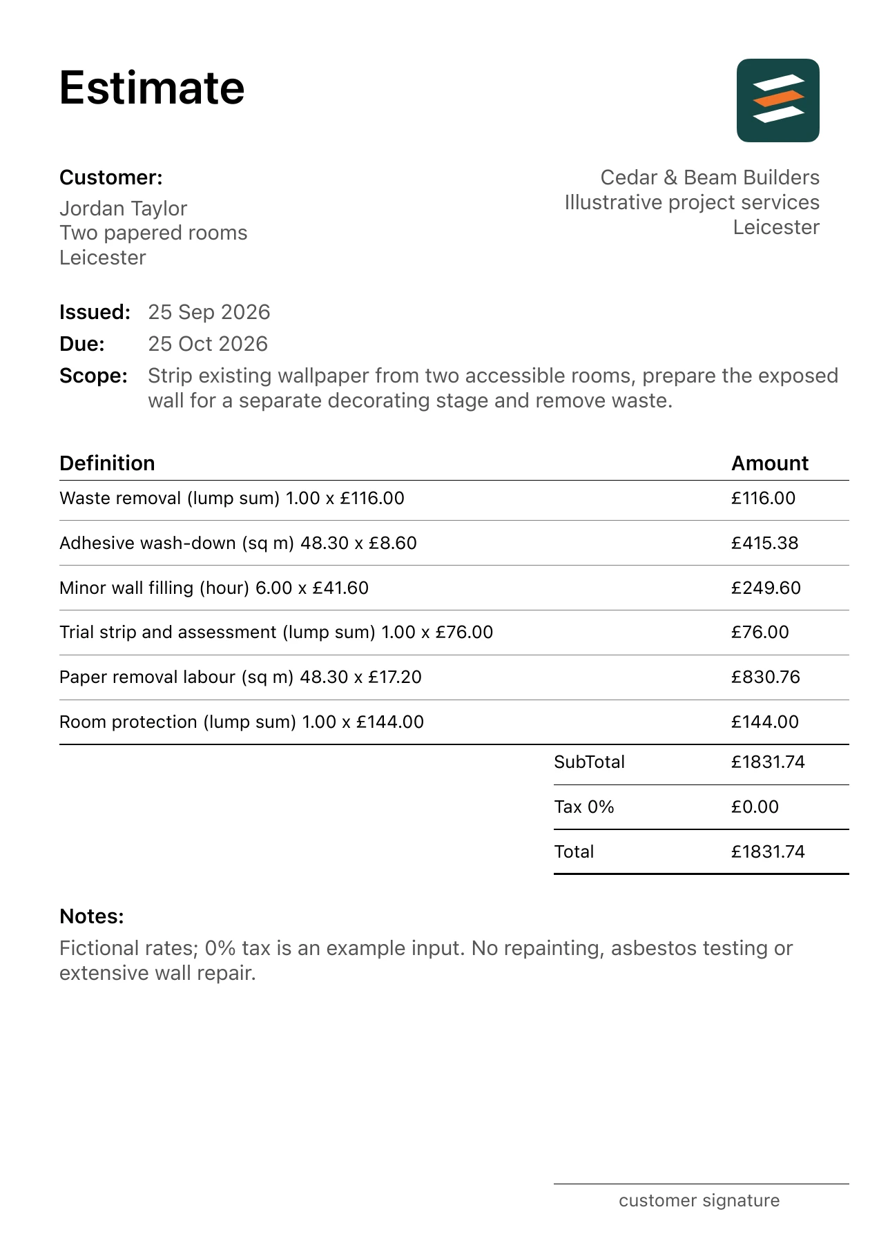 First page of the fictional wallpaper stripping estimate PDF