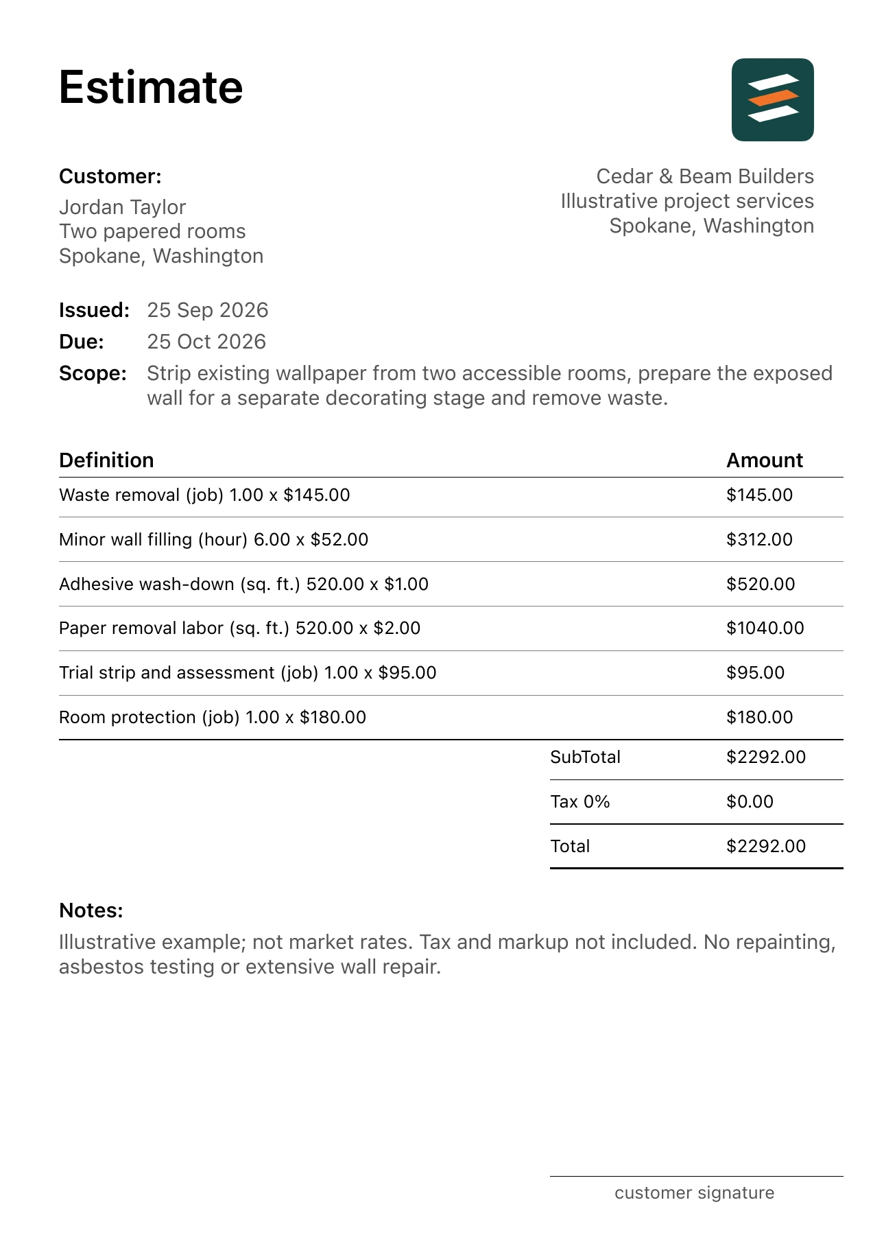 First page of the fictional wallpaper removal estimate PDF