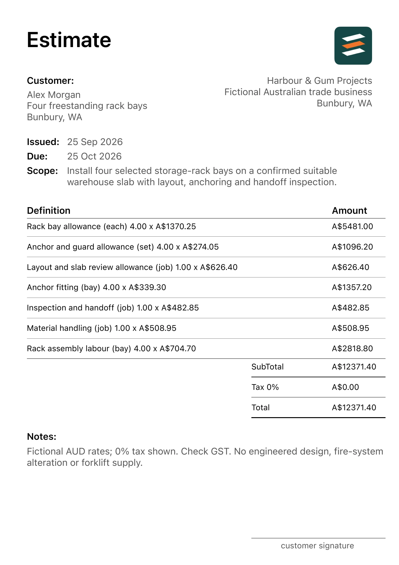 First page of the fictional Bunbury, Western Australia warehouse storage racking installation estimate PDF