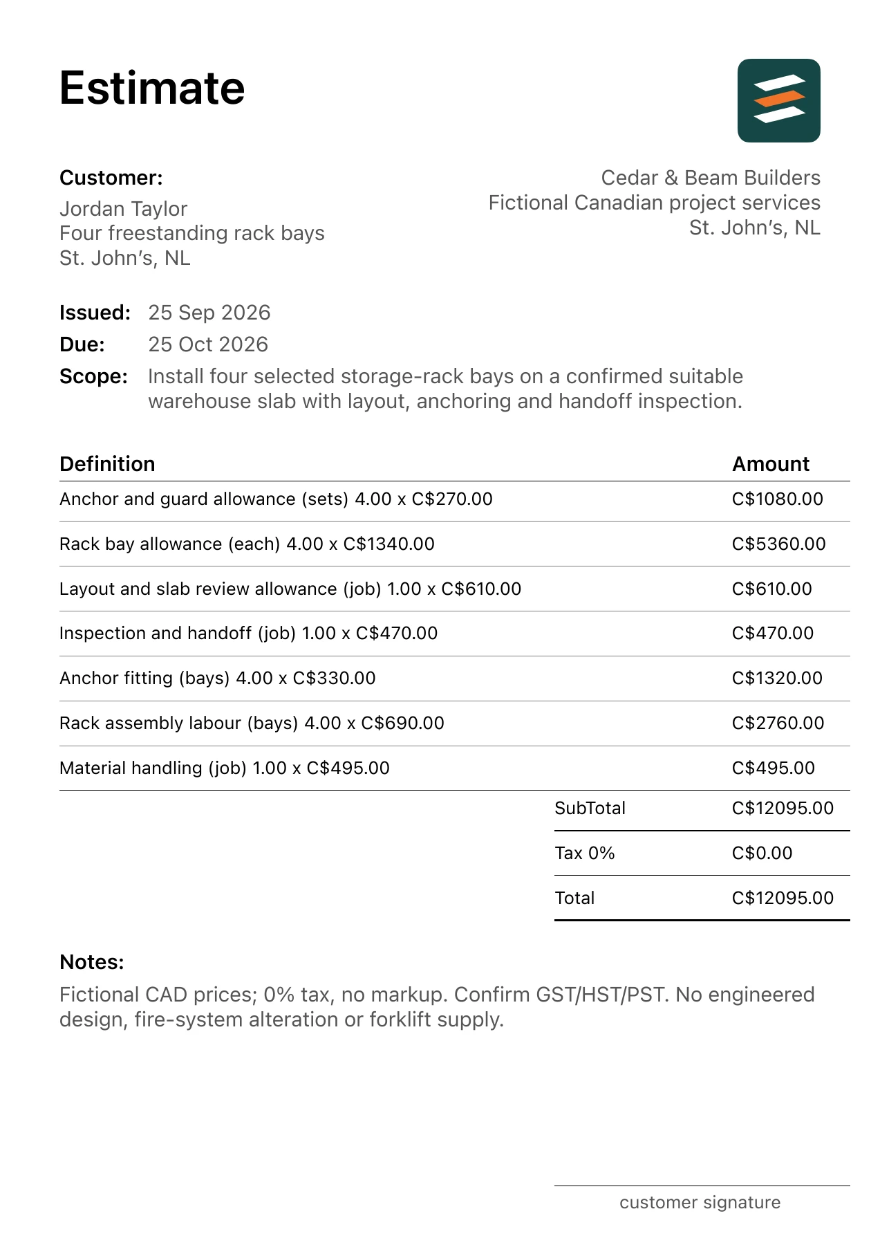 First page of the fictional St. John’s, Newfoundland and Labrador warehouse storage racking installation PDF estimate