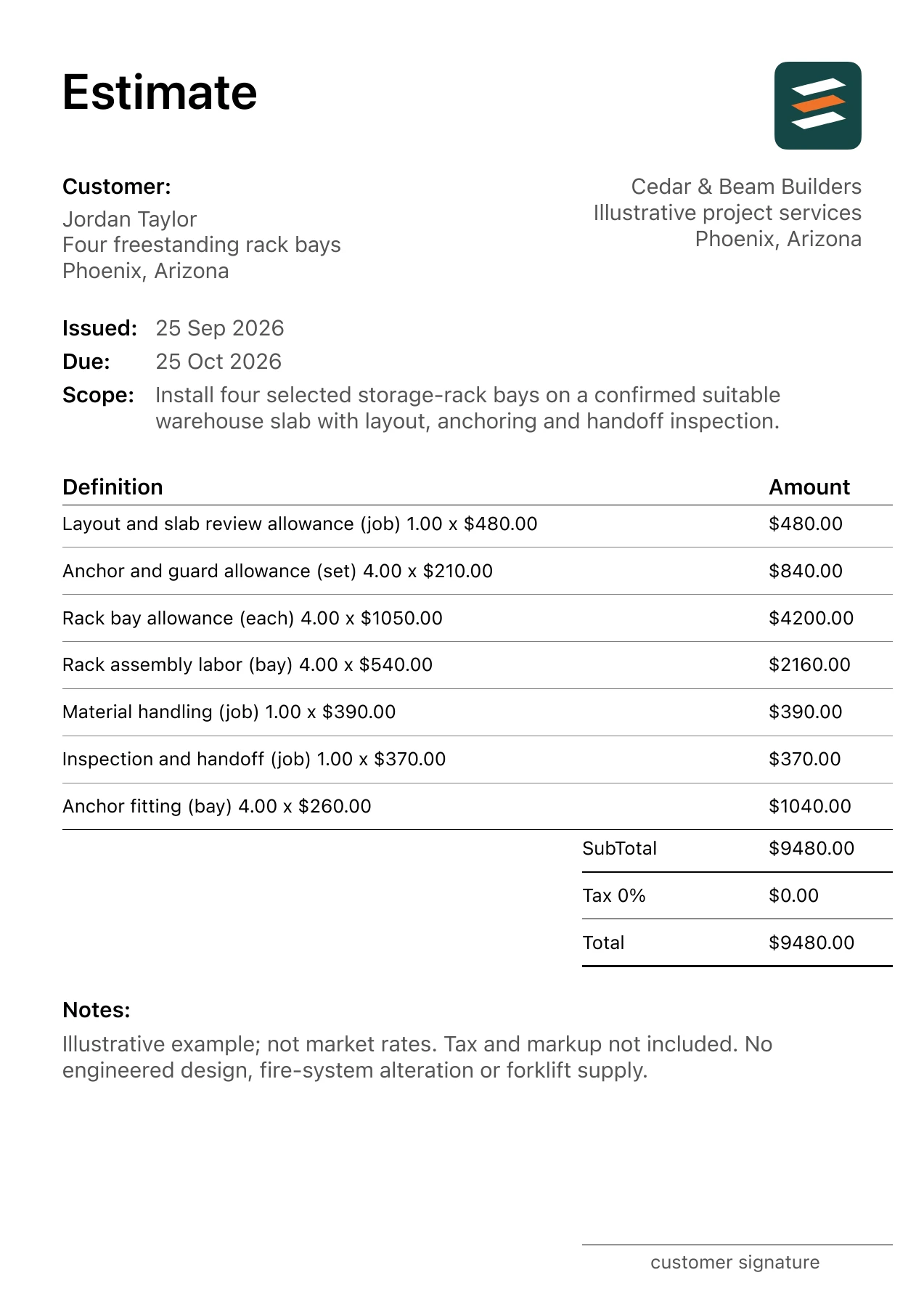First page of the fictional warehouse storage racking installation estimate PDF