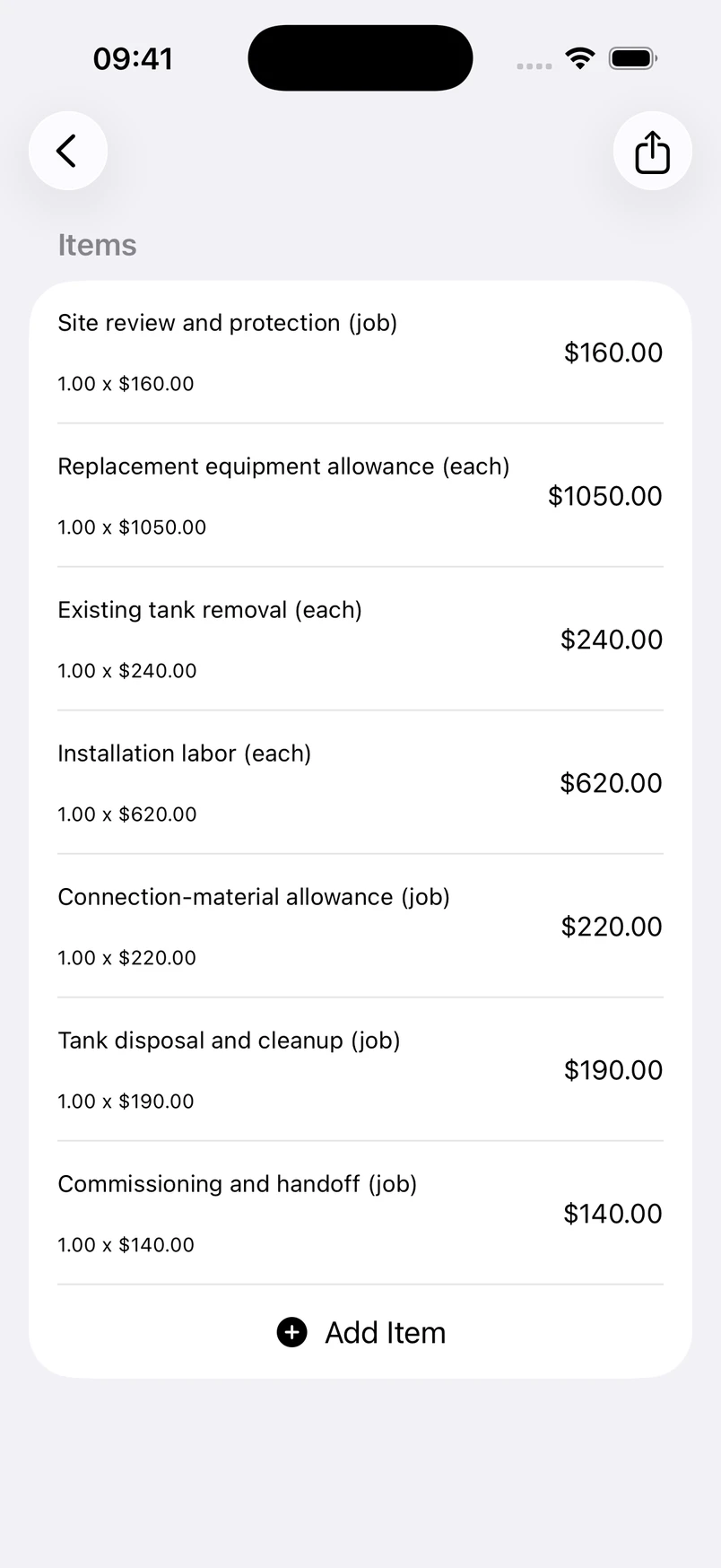 Water heater replacement line items in the Estimates cost editor