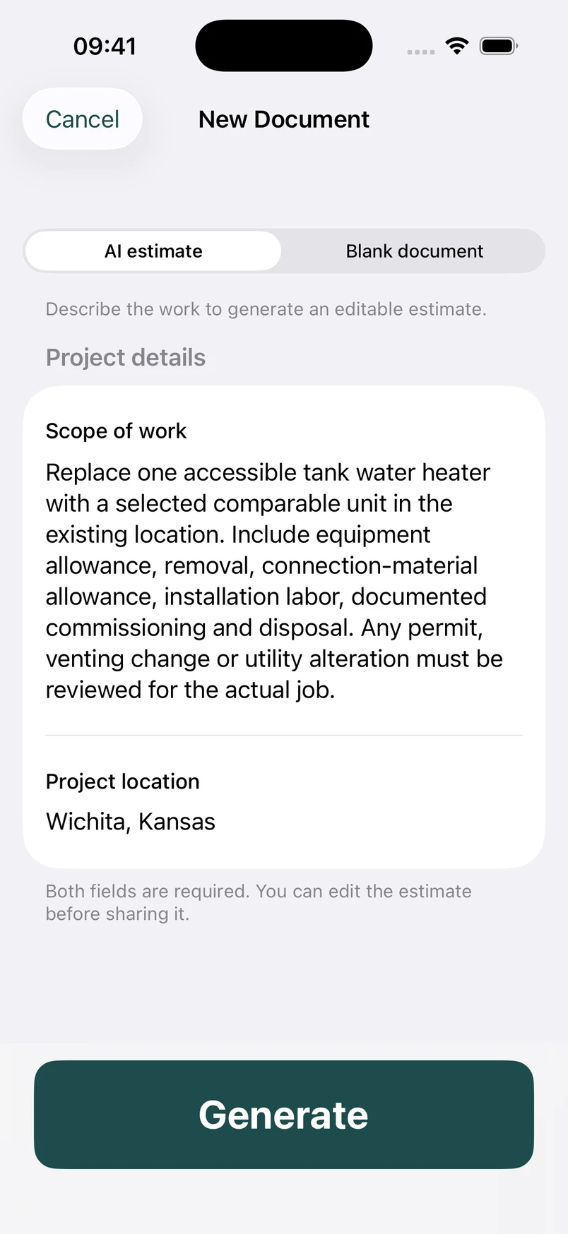 Water heater replacement scope in the New Document screen