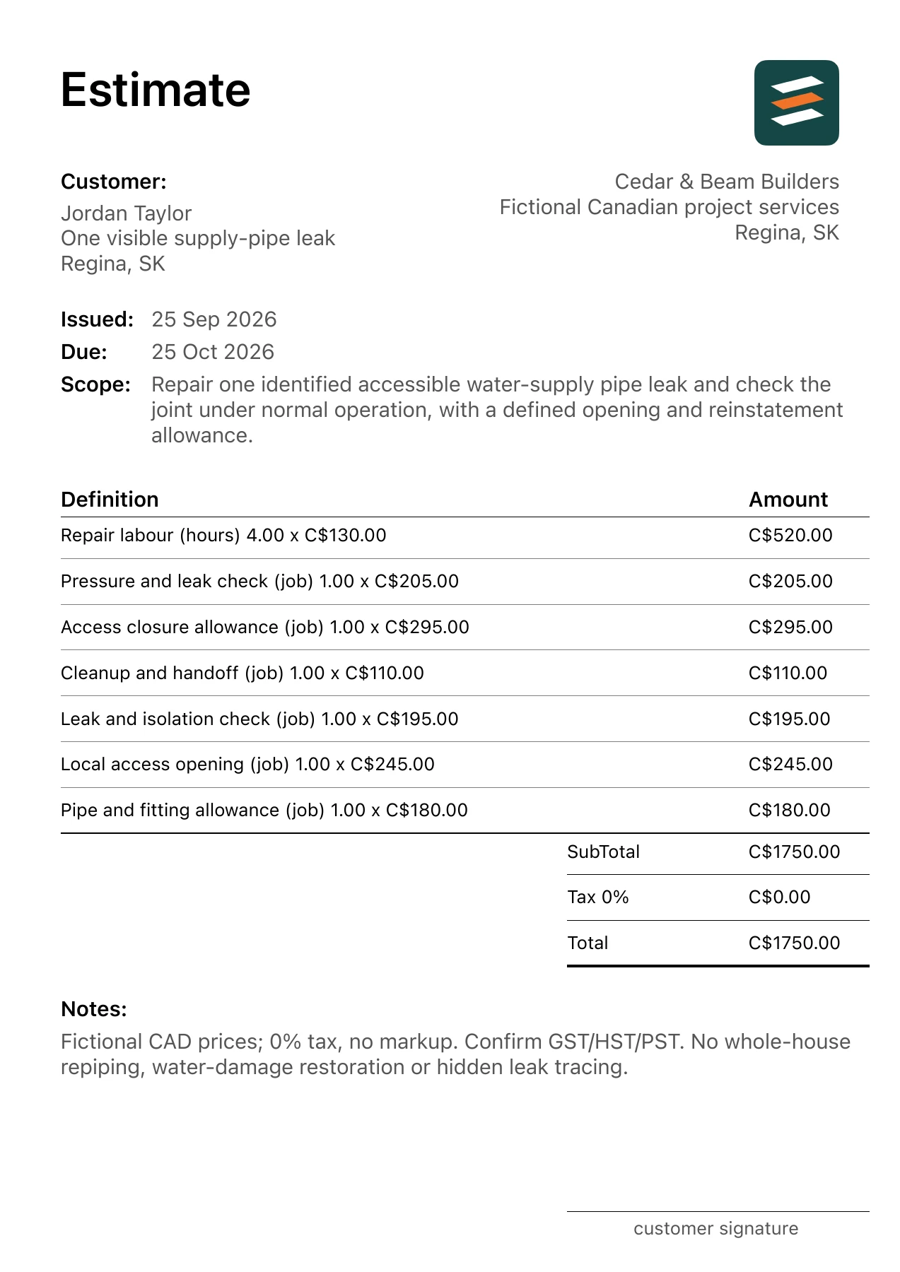 First page of the fictional Regina, Saskatchewan accessible water pipe leak repair PDF estimate