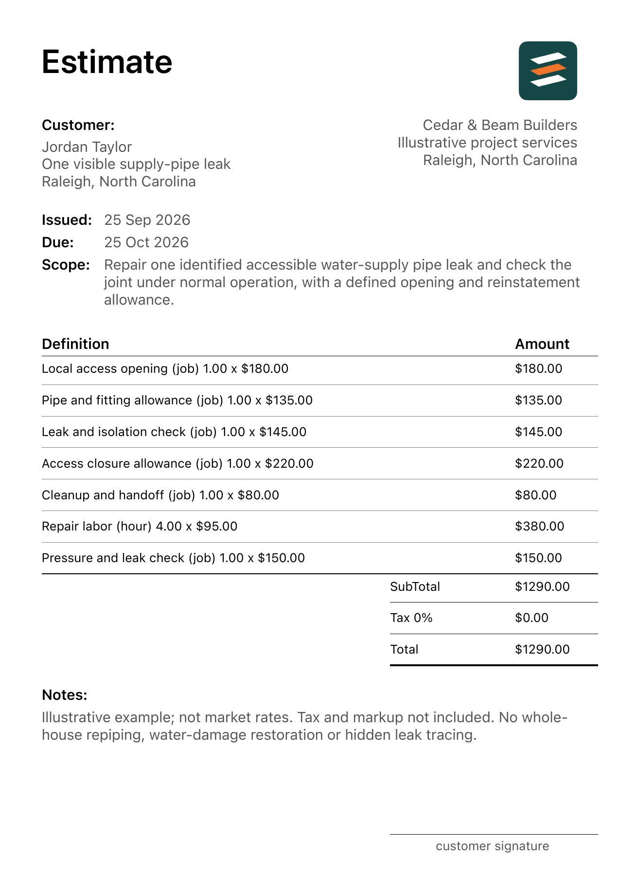 First page of the fictional accessible water pipe leak repair estimate PDF