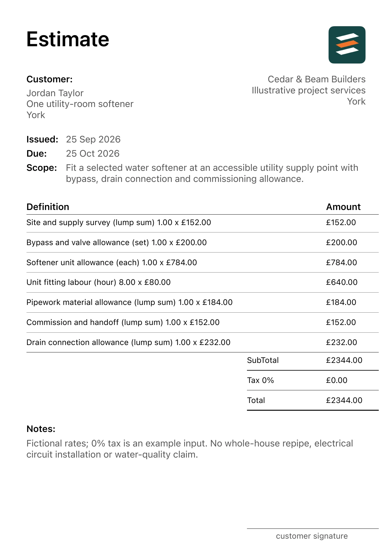First page of the fictional water softener installation estimate PDF